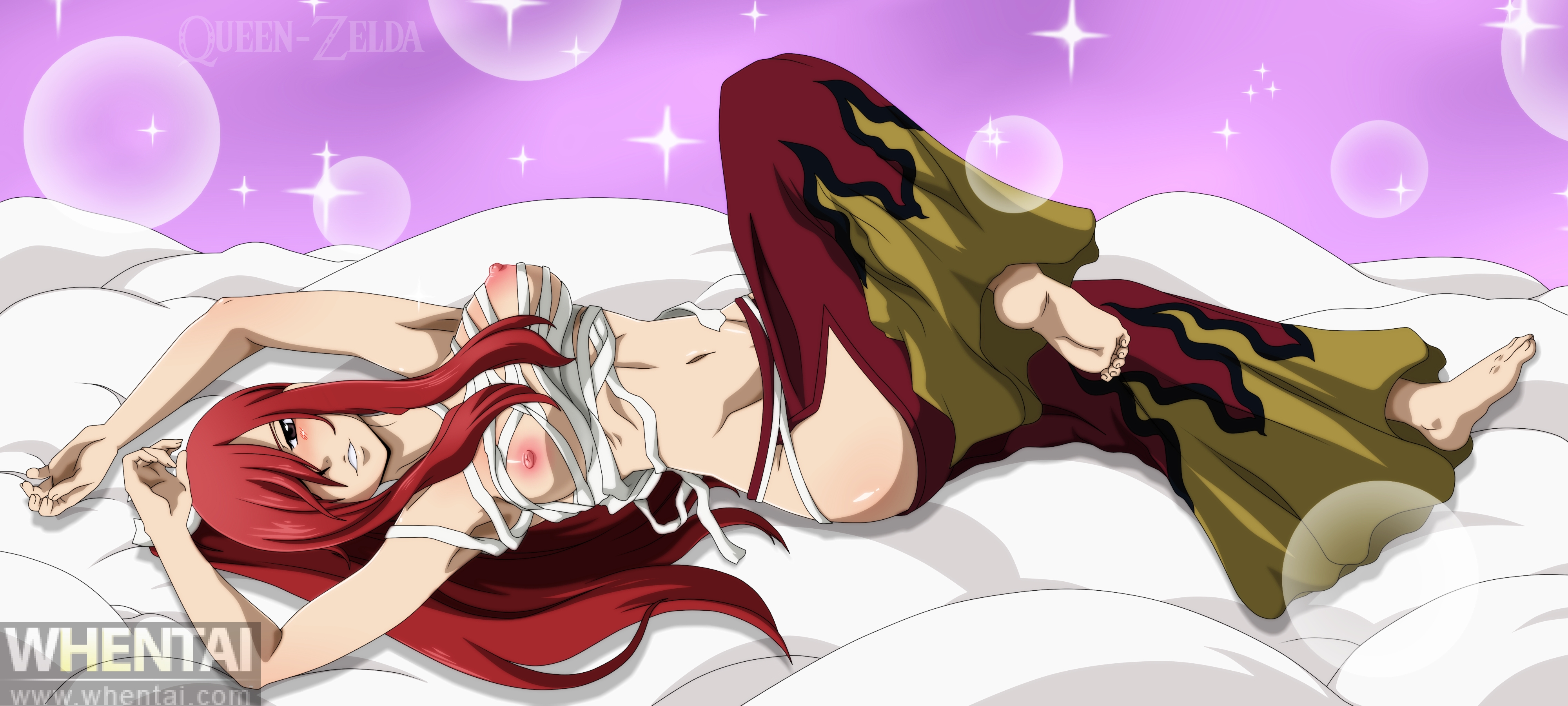 1girls, 2017, 5 fingers, areolae, armpits, artist name, bandage, big breasts, blush, breasts, erect nipples, erza scarlet, eyebrows, eyelashes, fairy tail, feet, female, female only, fingernails, grey eyes, hair, hair over one eye, hands, highres, human, long hair, looking at viewer, nipples, on back, pants, queen-zelda, red hair, red-haired female, shiny, shiny skin, solo, stomach, toes, whentai