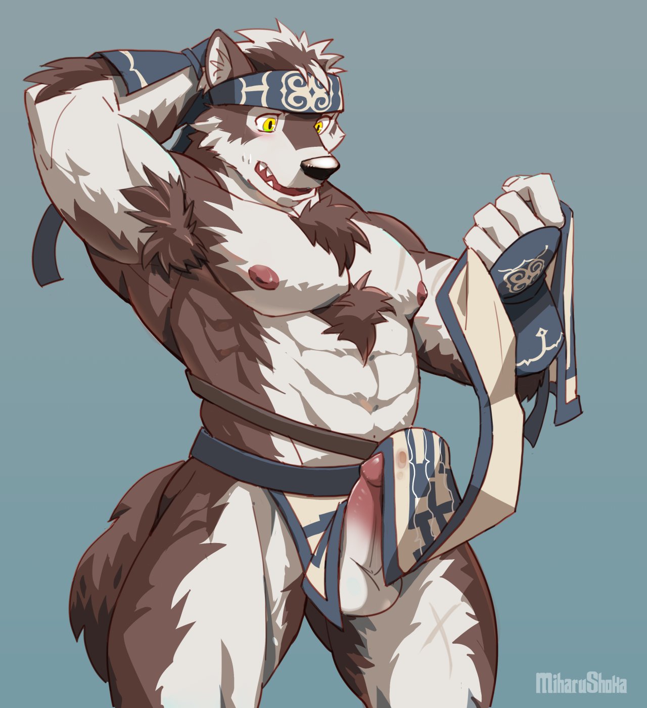 canine clothing erection horkeukamui loincloth male male_only mammal miharushoka penis solo tokyo_afterschool_summoners wolf