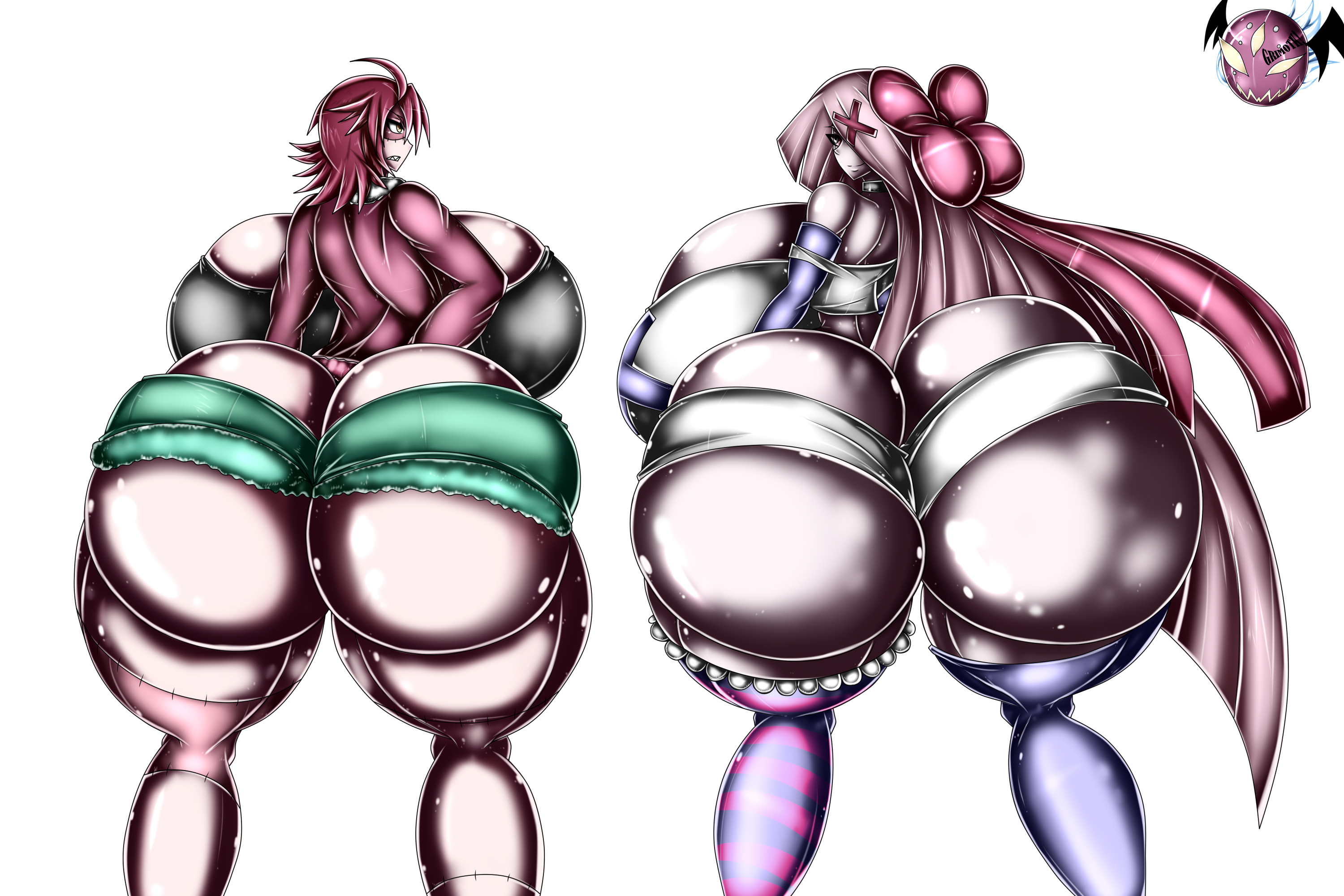 2girls, angry, ass, backboob, big ass, big breasts, black shirt, breasts, collar, crossover, demon, demon girl, envy, female, gigantic ass, gigantic breasts, gloves, grimotk, hair over one eye, hazbin hotel, huge ass, huge breasts, humanoid, hyper ass, jacket, jealous, lab zero games, long gloves, long hair, monster, monster girl, monster musume no iru nichijou, red hair, red jacket, ribbon, seductive, sharp teeth, shirt, short hair, short shorts, shorts, sideboob, simple background, smile, smug, stitches, stockings, straight hair, teeth, vaggie (hazbin hotel), vivienne medrano, white background, zombie, zombie girl, zombina