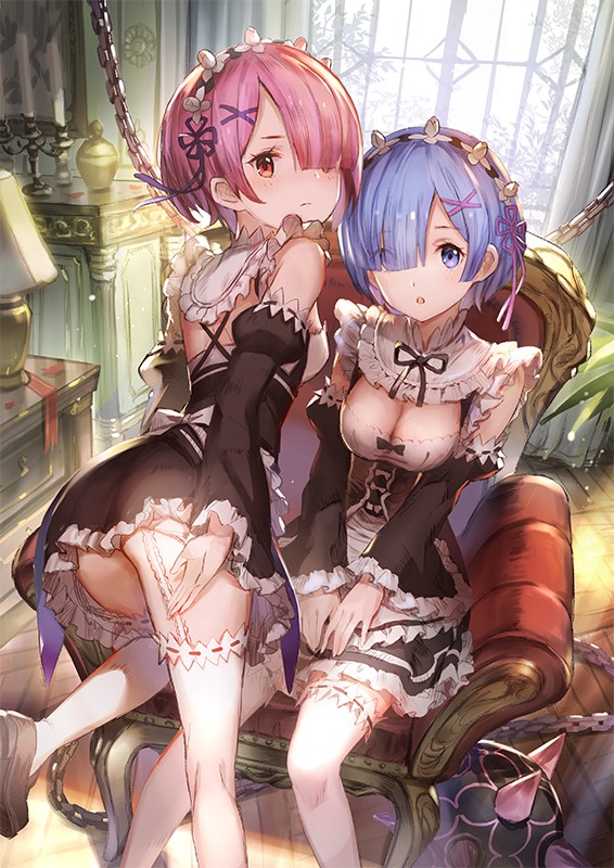 2girls 77gl :o ass blue_eyes blue_hair blush breasts cleavage clothed cute female female_only garter hair looking_at_viewer maid maid_uniform medium_breasts ram_(re:zero) re:zero_kara_hajimeru_isekai_seikatsu red_eyes red_hair rem_(re:zero) short_hair stockings upskirt