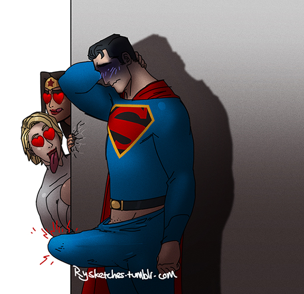 blush, blushing, clark kent, dc, dc comics, diana prince, erection under clothes, female, incest, kal-el, karen starr, male, power girl, rysketches, superman, superman (clark kent), superman (series), tagme, tongue, tongue out, voyeurism, wonder woman, wonder woman (series)