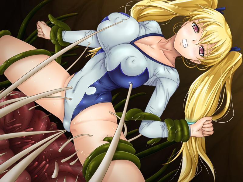 bare_legs black_lilith blonde_hair bondage breasts cohagen_nanaho creature curvy female game_cg hair_ornament hair_ribbon huge_breasts leotard long_hair monster nipples raikou_no_taimashi_nanaho_injin_fukkatsu ribbon shiny_skin spread_legs tentacle thong_leotard tied_hair twintails zundarepon