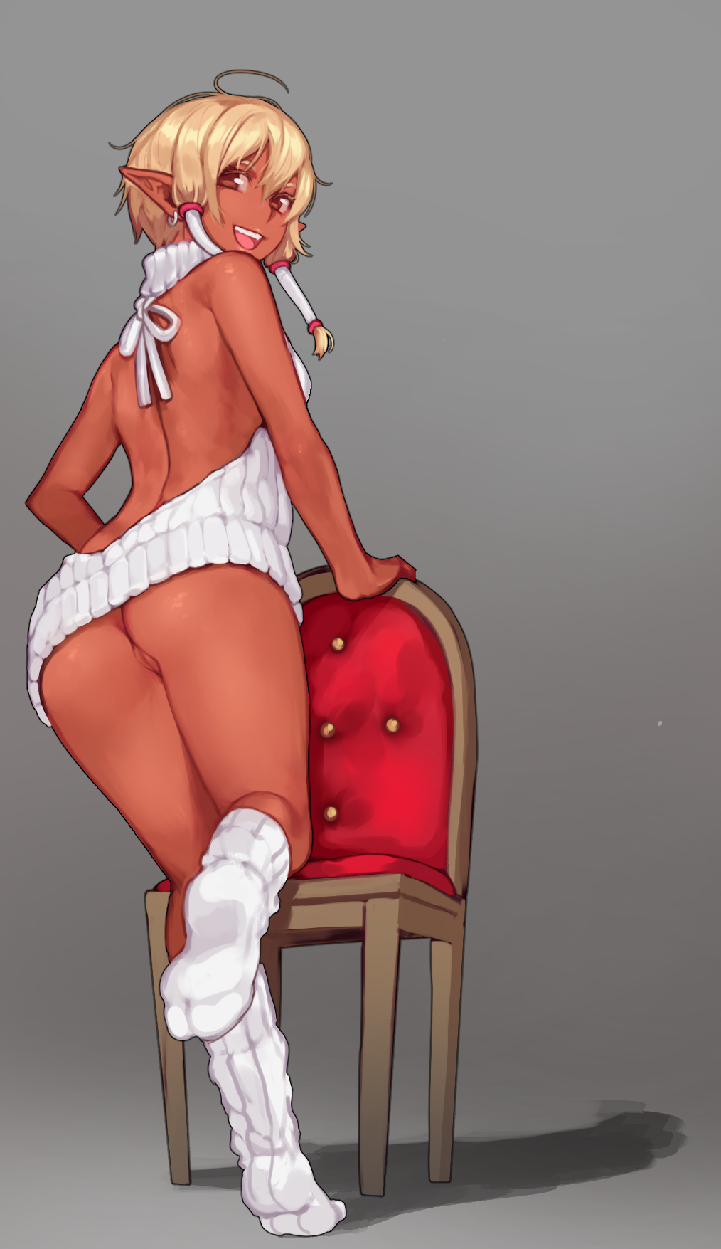 ahoge ass backless_outfit bare_back blonde_hair blush brown_eyes chair dark-skinned_female dark_skin dress elf female female_only grey_background hair_tubes highres kneehighs looking_at_viewer looking_back meme naked_sweater nil_sunna_(nilsunna) nilsunna no_panties open-back_dress open_mouth original original_character pointy_ears pussy ribbed_sweater shadow short_hair simple_background smile solo sweater sweater_dress turtleneck uncensored virgin_killer_sweater white_legwear