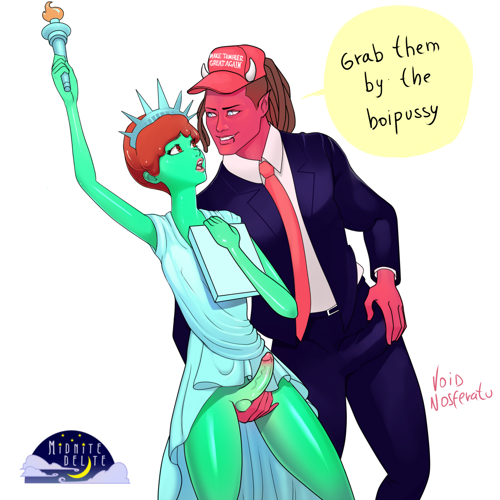 2boys, big penis, demon, english text, femboy, gay, male, male only, monster on femboy, penis, public domain, red skin, slime, statue of liberty, trap, voidnosferatu, yaoi