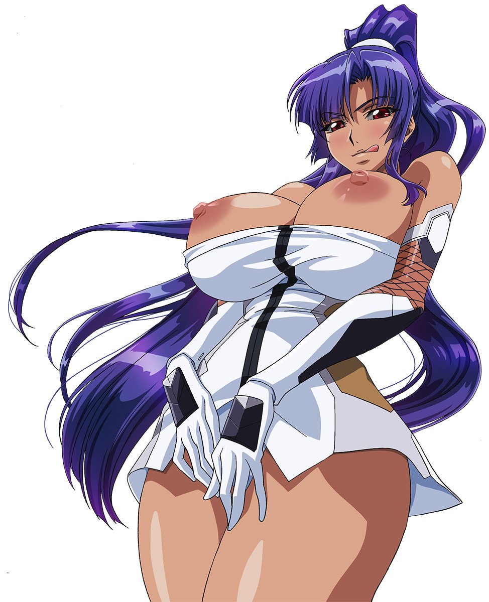 areolae bare_legs bare_shoulders blush bodysuit breasts breasts_out dark-skinned_female dark_skin exposed_breasts female fingering huge_breasts lilith-soft long_hair looking_at_viewer masturbation naughty_face nipples no_bra ponytail purple_hair red_eyes shiny_skin smile solo taimanin_(series) taimanin_asagi taimanin_asagi_3 tied_hair tongue tongue_out very_long_hair yatsu_murasaki