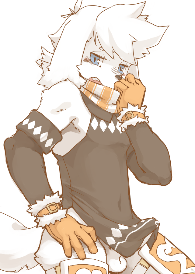 anthro armwear balls blue_eyes blush canine clothed clothing erection fur gloves kemoisumi kemono looking_at_viewer male male_only mammal open_mouth panashe penis precum scarf simple_background solo summon_night