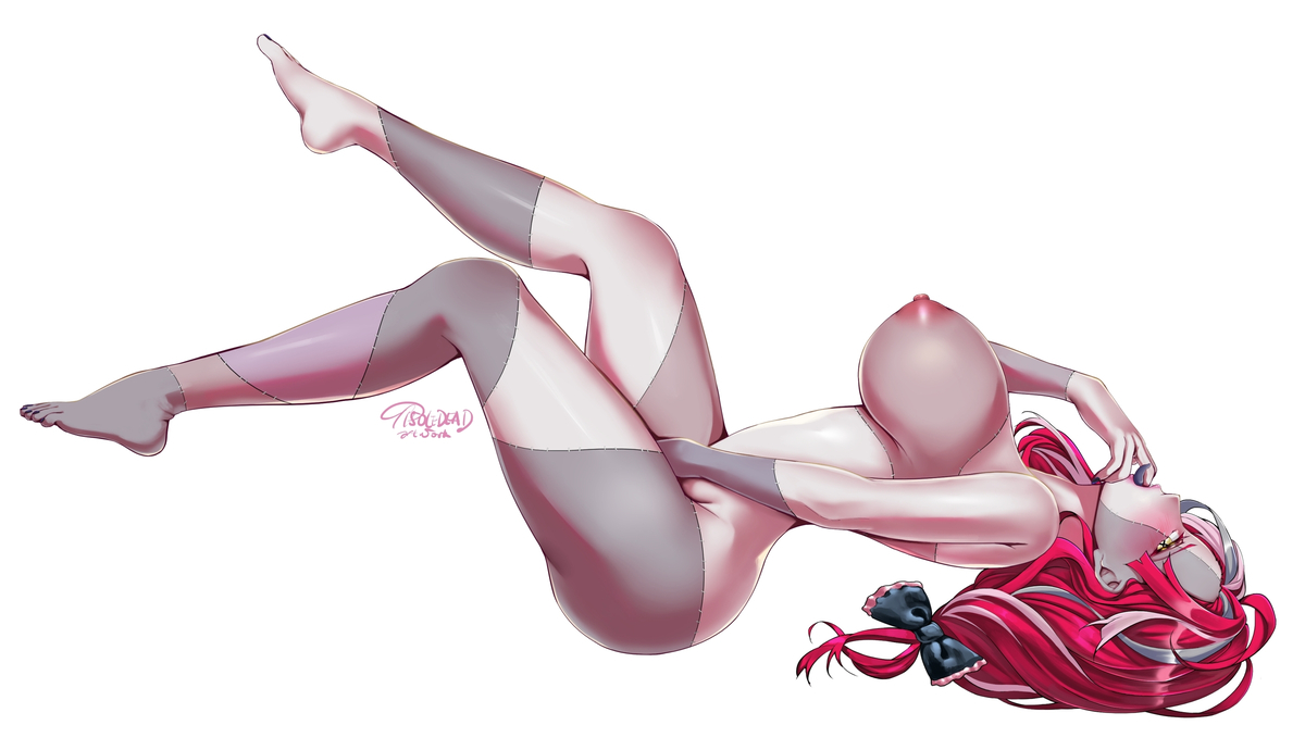 1girls, barefoot, bow, breasts, female, female only, grey skin, grey-skinned female, hololive, hololive indonesia, hololive indonesia holoro, kureiji ollie, large breasts, long hair, masturbation, monster girl, patchwork skin, red hair, sallie (kureiji ollie), solo, solo female, stiches, tisole dead, virtual youtuber, zombie, zombie girl