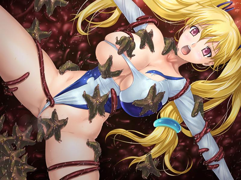 bare_legs black_lilith blonde_hair bondage cohagen_nanaho creature female game_cg hair_ornament hair_ribbon leotard leotard_aside long_hair nipples pussy raikou_no_taimashi_nanaho_injin_fukkatsu ribbon shiny_skin spread_legs starfish tentacle thong_leotard tied_hair twintails zundarepon