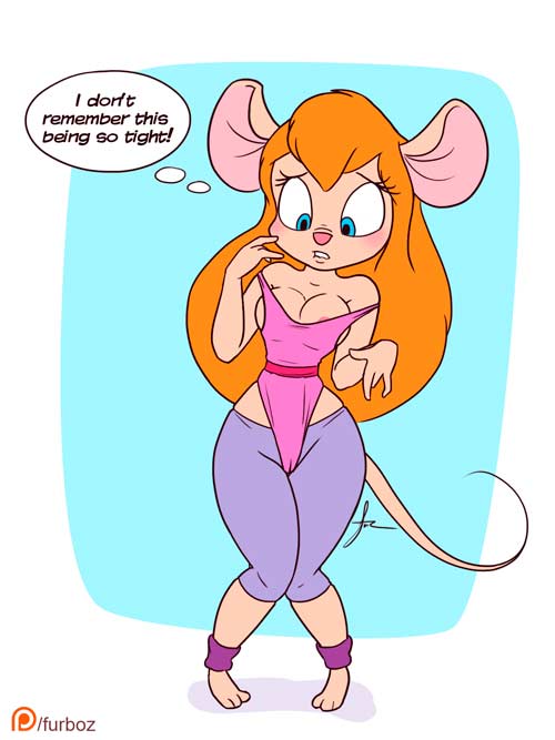 1girls, 3 toes, anthro, areola, areola slip, areolae, barefoot, blue eyes, blush, breasts, cameltoe, chip 'n dale rescue rangers, cleavage, clothed, disney, english text, eyelashes, feet, female, female only, full body, furboz, furry, gadget hackwrench, hourglass figure, large breasts, leg warmers, leotard, mammal, mouse, mouse ears, mouse tail, orange hair, pigeon-toed, pink nose, pussy, rodent, skimpy, solo, tail, text, thought bubble, tight clothes, tight clothing, toes, voluptuous