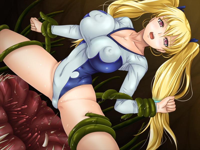 bare_legs black_lilith blonde_hair bondage breasts cohagen_nanaho creature curvy female game_cg hair_ornament hair_ribbon huge_breasts leotard long_hair monster nipples raikou_no_taimashi_nanaho_injin_fukkatsu ribbon shiny_skin spread_legs tentacle thong_leotard tied_hair twintails zundarepon