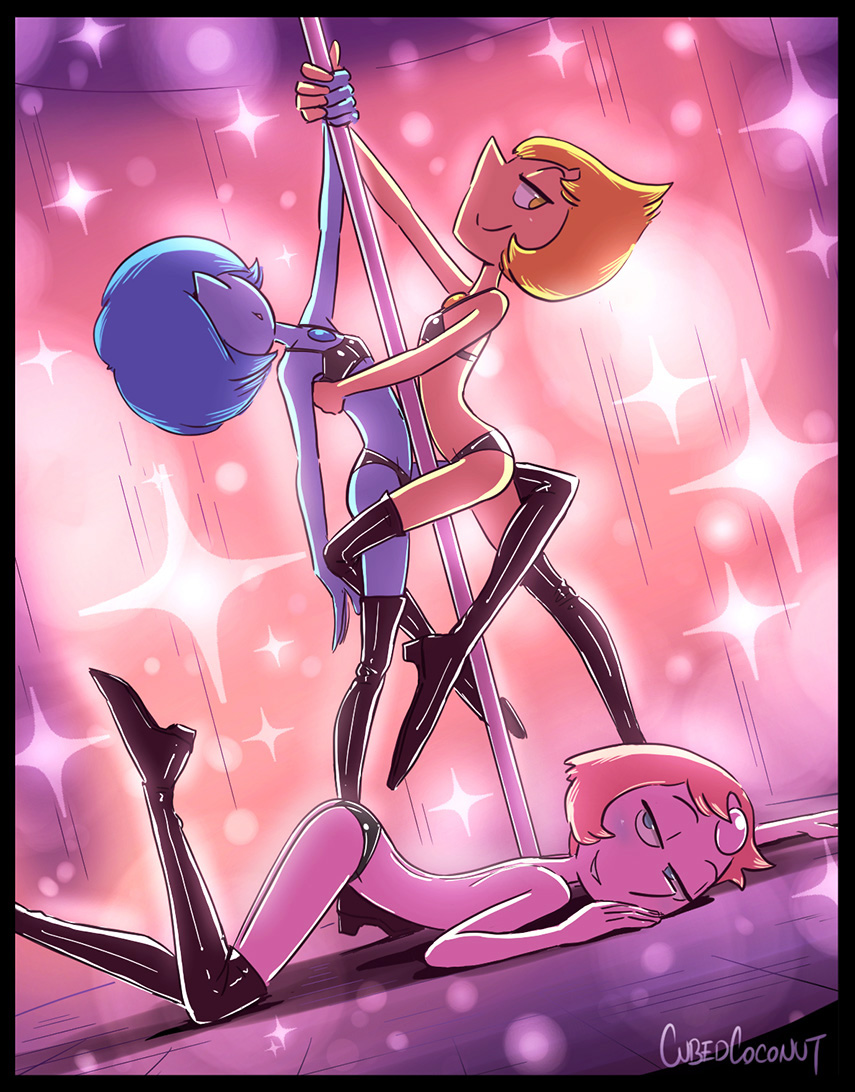 3girls, alien, alien girl, alien humanoid, artist name, bikini, blue eyes, blue hair, blue pearl (steven universe), blue skin, breasts, cartoon network, cubedcoconut, female, female only, flat chest, gem, gem (species), hair over eyes, half-closed eyes, leather boots, looking at viewer, looking to the side, multiple females, multiple girls, panties, pearl (steven universe), pink hair, pole, pole dancing, short hair, skinny, small breasts, smile, steven universe, stripper, stripper pole, white skin, yellow eyes, yellow hair, yellow pearl (steven universe), yellow skin