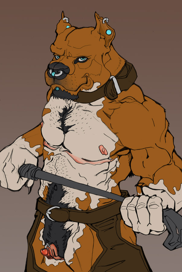 andromorph anthro big_clitoris bottomwear brown_background brown_body canid canine canis clitoral_hood clitoris clitoris_piercing clitoris_ring clothing collar crotchless_bottomwear crotchless_clothing crotchless_pants domestic_dog ear_piercing ear_ring facial_hair facial_piercing genital_piercing genitals hairy_pussy intersex lip_piercing male_only mammal mastectomy_scar mrblackbird muscular muscular_andromorph muscular_anthro muscular_intersex nipples nose_piercing nose_ring pants piercing pit_bull pubes pussy pussy_piercing pussy_ring riding_crop ring_piercing scar simple_background solo solo_male standing trans_(lore) trans_man_(lore) visibly_trans whip white_body
