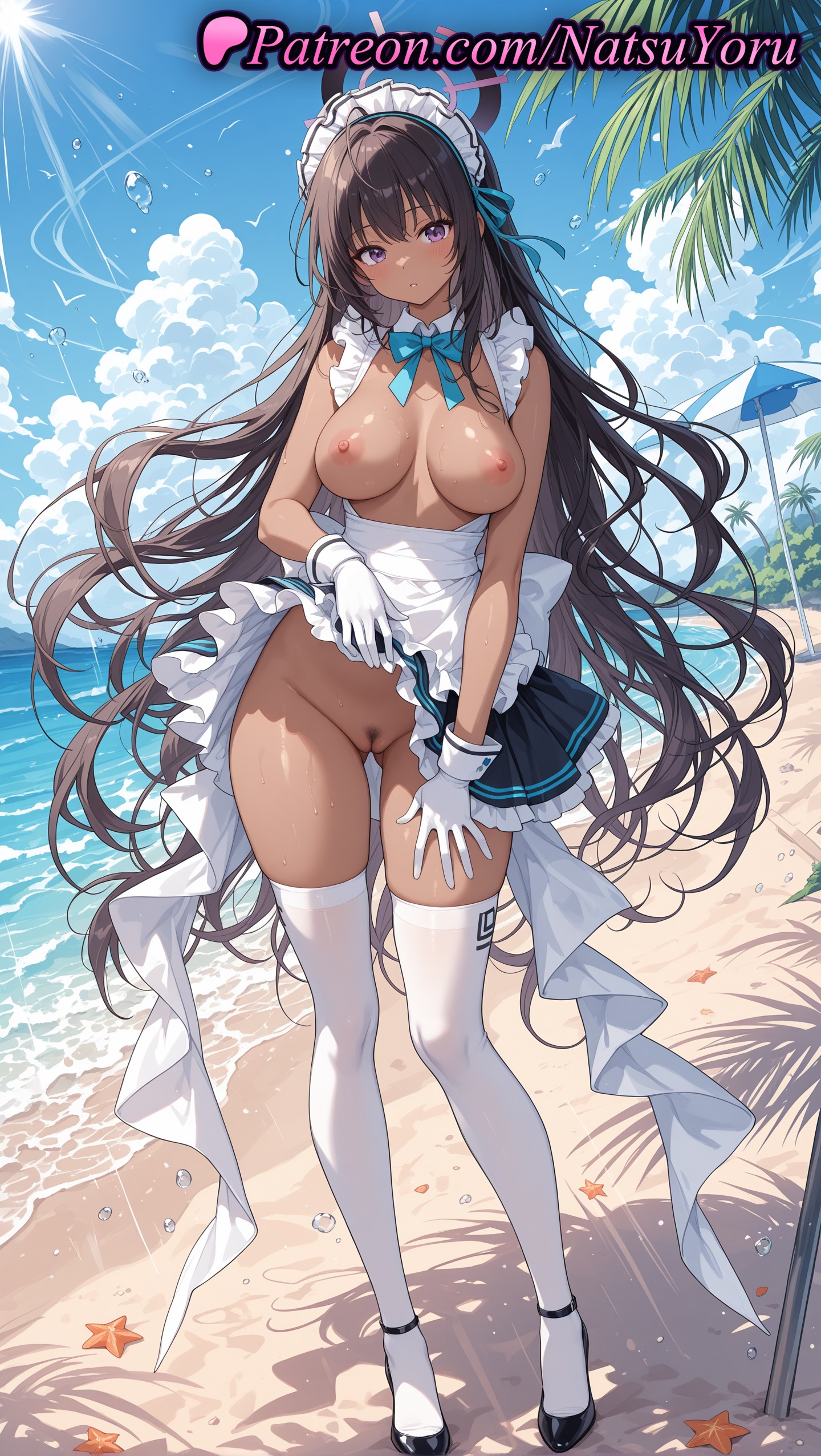 1girls, 2025, ai generated, apron, bangs, beach, black footwear, black hair, blue archive, blush, bow, bowtie, breasts, clothing, cloud, dark skin, dark-skinned female, female, female pubic hair, frills, full body, gloves, hi res, highres, karin (blue archive), large breasts, long hair, looking at viewer, maid, maid headdress, maid uniform, natsuyoru, nipples, no panties, ocean, outdoors, patreon, pubic hair, purple eyes, pussy, skirt, sky, solo, standing, thighhighs, uncensored, very long hair, voluptuous, voluptuous female, white gloves, white thighhighs