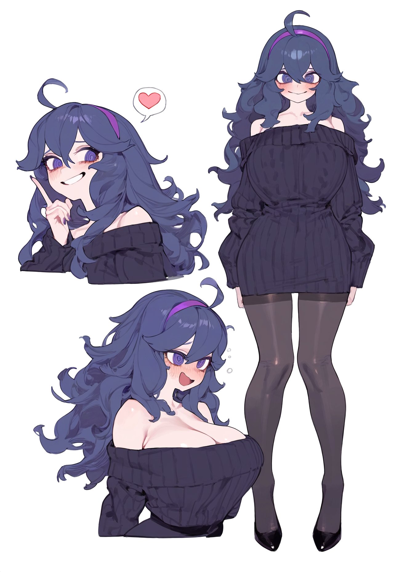 1girls, ai generated, alternate breast size, blush, breasts, eatsleep1111, female, female only, hairband, heart, hex maniac, highres, large breasts, long hair, looking at viewer, pantyhose, pokemon, pokemon xy, purple eyes, purple hair, simple background, smile, solo, sweater