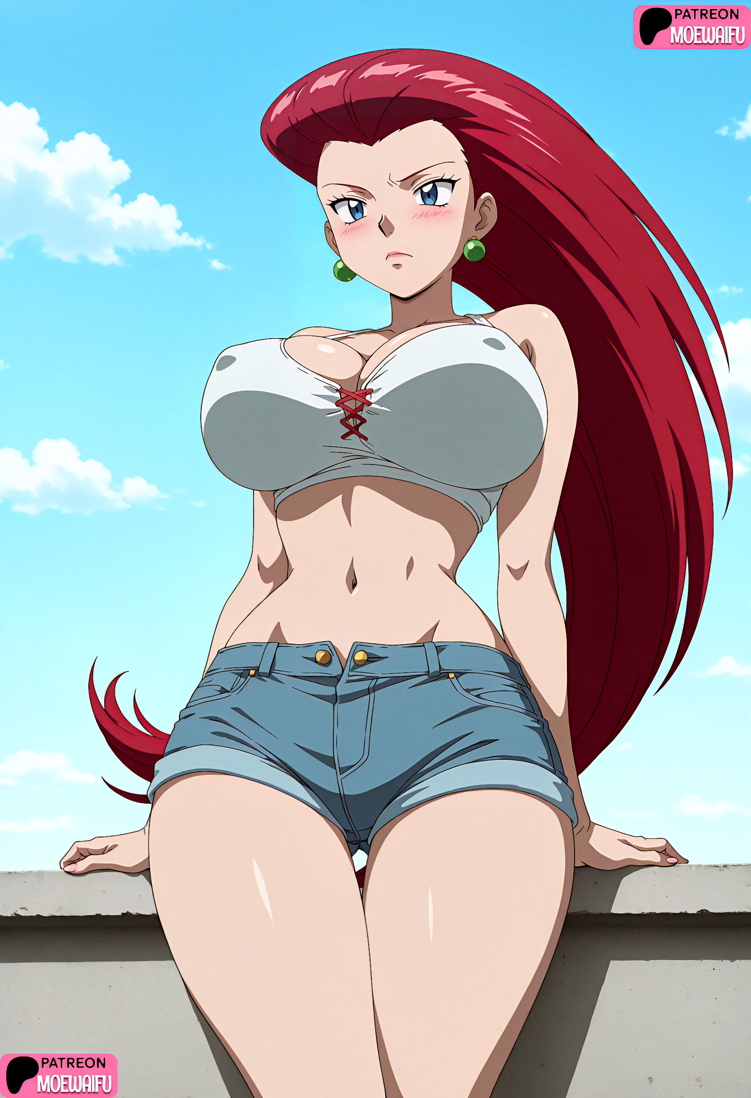 ai generated, alternate breast size, big breasts, blue sky, blush, blushing, breasts, clouds, deviantart, female, game freak, jessie (pokemon), large breasts, moewaifu974, nintendo, outdoors, pokemon, red hair, tagme