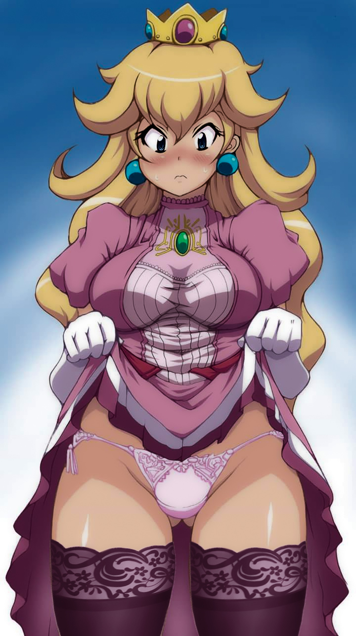 1girls, ass visible through thighs, breasts, clothed, clothing, comon99, dress, dress lift, elbow gloves, embarrassed, euf, female, female only, gloves, lifted by self, long hair, looking down, mario (series), nintendo, panties, pink panties, princess peach, simple background, skirt lift, solo, stockings, underwear