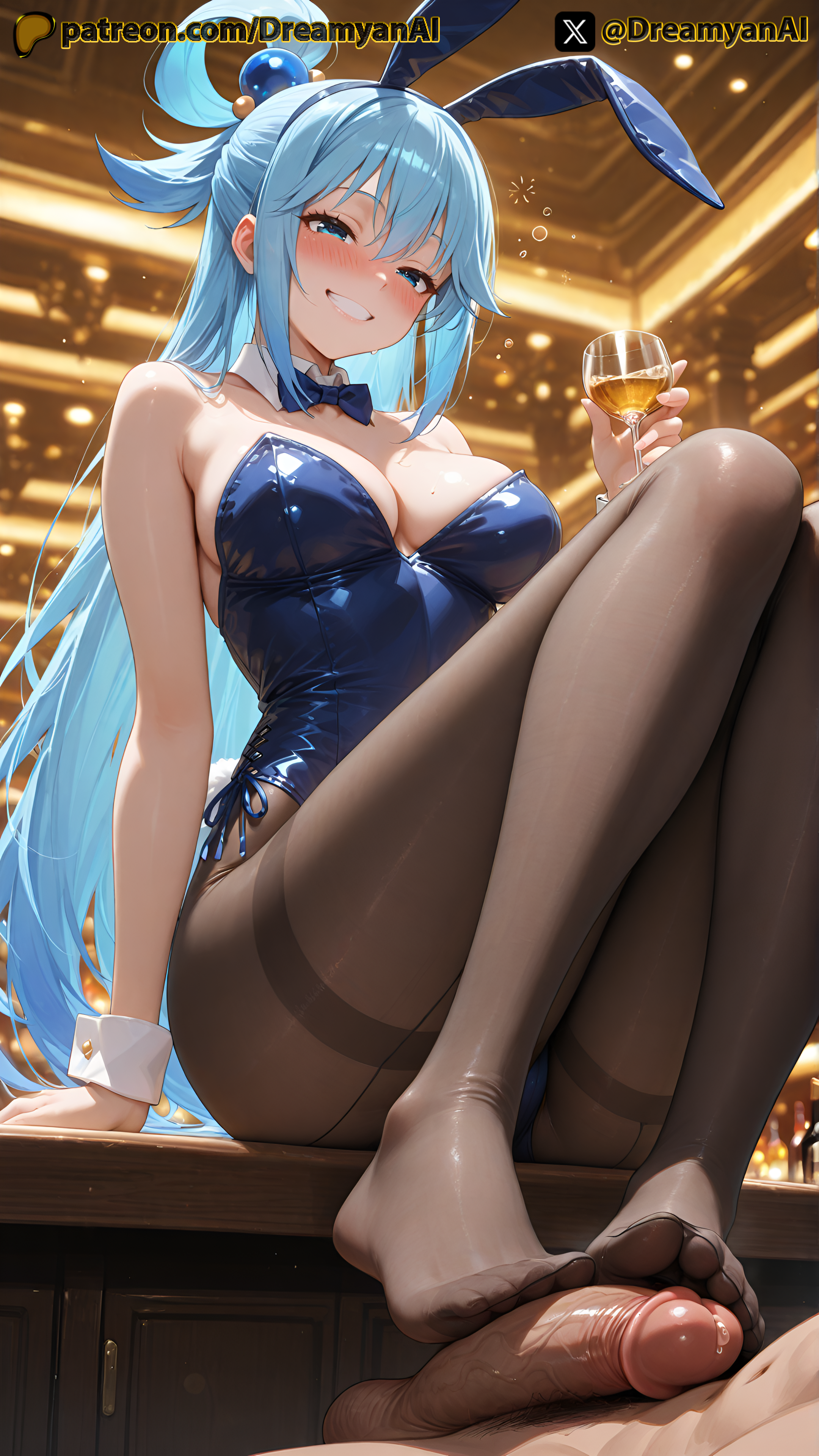 2025, ai, ai assisted, ai generated, anime, anime style, aqua (konosuba), artist name, ass, barefoot, blue eyes, blue hair, blush, breasts, bunny ears, bunny girl, bunnysuit, dreamyan ai, drunk, feet, female, footjob, hi res, high quality, high resolution, highres, kono subarashii sekai ni shukufuku wo!, konosuba, long hair, pantyhose, patreon, seductive, seductive eyes, seductive look, seductive mouth, seductive pose, seductive smile, smile, smiling, thick ass, thick thighs, thighs, uncensored, white body, white hair, white skin