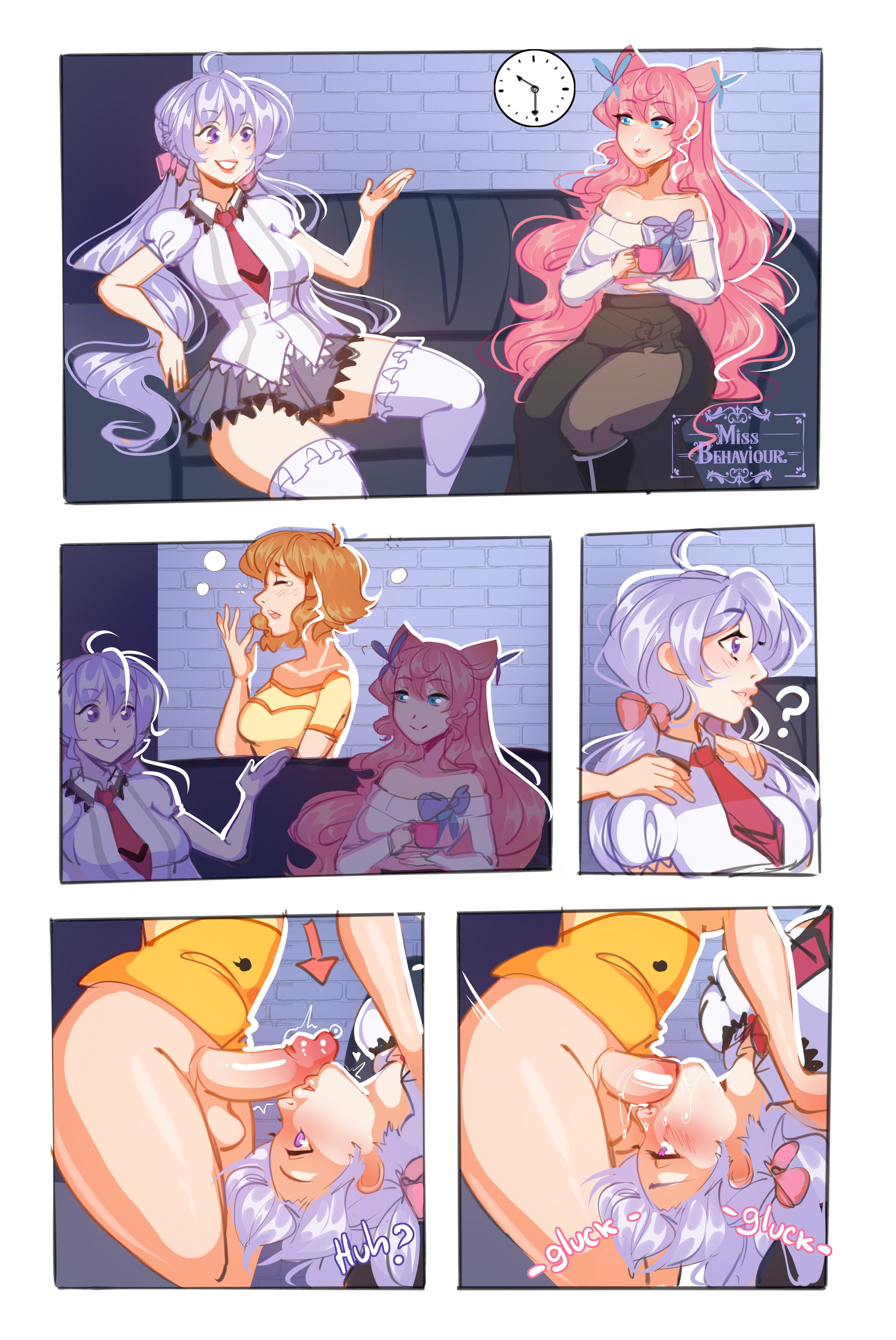 1futa, 2girls, 5koma, ass, bare shoulders, breasts, casual, clock, closed eyes, cock shock, comic page, couch, fellatio, female, futa on female, futanari, head back, held down, intersex, irrumatio, large breasts, long hair, maria cadenzavna eve, missbehaviour, necktie, pajama, penis, pink hair, red necktie, red tie, school uniform, senki zesshou symphogear, skirt, tachibana hibiki (symphogear), thighhighs, tie, watching, white hair, white thighhighs, yawn, yukine chris