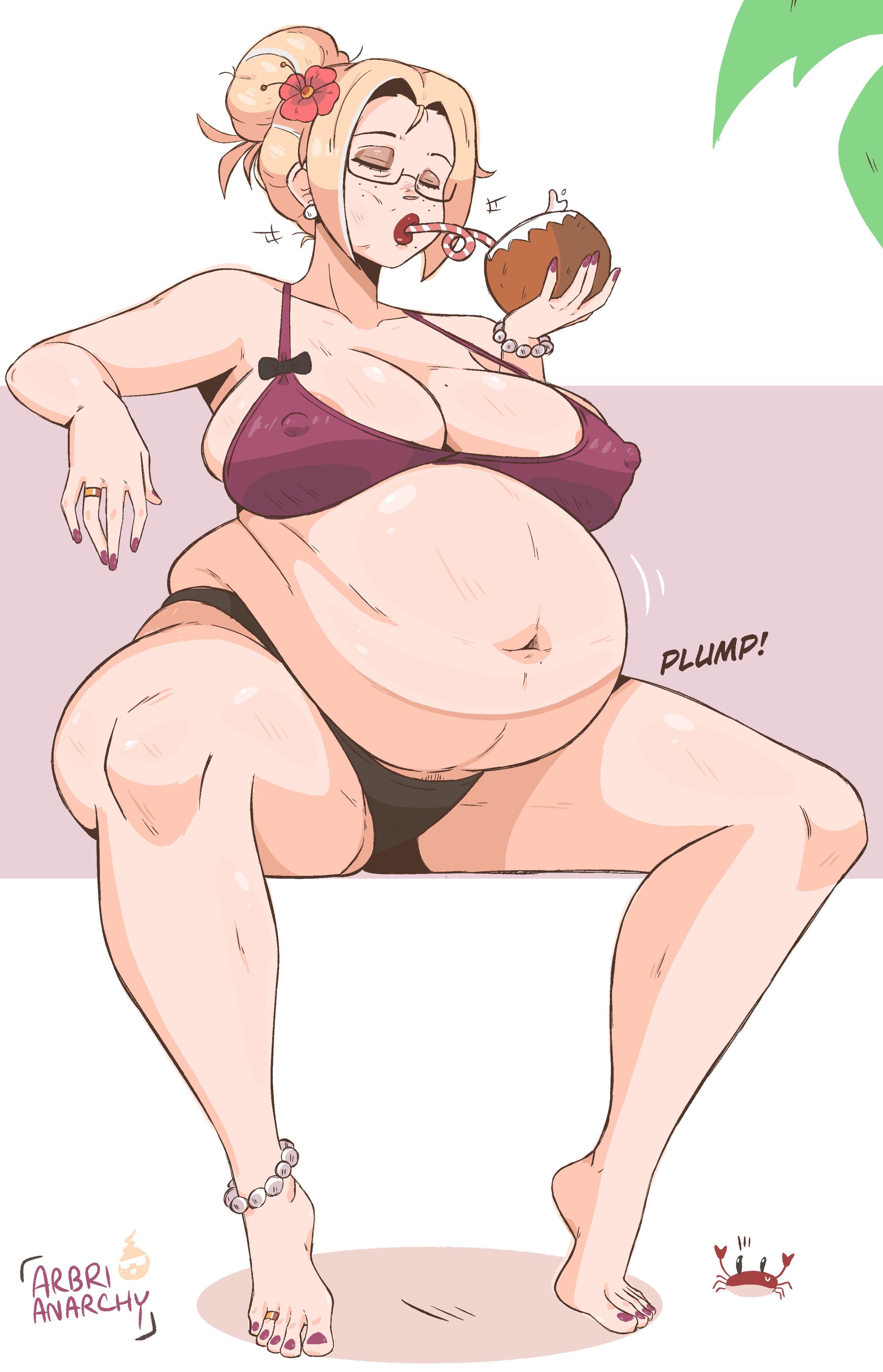 1girls, 2026, 2d, 2d artwork, arbrianarchy, big breasts, blonde female, blonde hair, chubby, chubby female, closed eyes, drinking, glasses, milf, oc, original character, plump, spread legs, undertagged