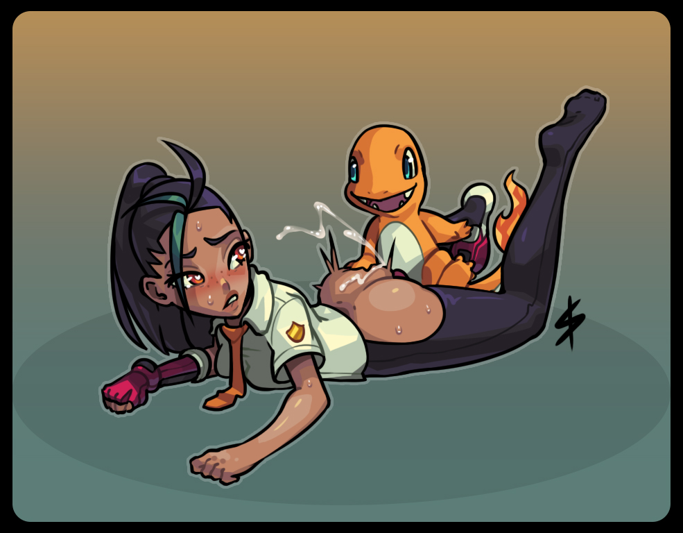 1animal, 1girls, 2022, ambiguous penetration, ass, biting own lip, black hair, blue eyes, blush, brown skin, brown-skinned female, charmander, clothed female, clothed sex, clothing, cum, cum inside, cumshot, exposed ass, female, few freckles, freckles, freckles on face, from behind, heart-shaped pupils, interspecies, larger female, larger female smaller male, leggings, lizard, male, nemona (pokemon), pantyhose, pokemon, pokemon (species), pokemon sv, pokephilia, red eyes, reptile, scalie, signature, sismicious, size difference, smaller male, straight, thighs, tie, torn clothes, torn legwear, torn pantyhose, turquoise hair, two-tone hair