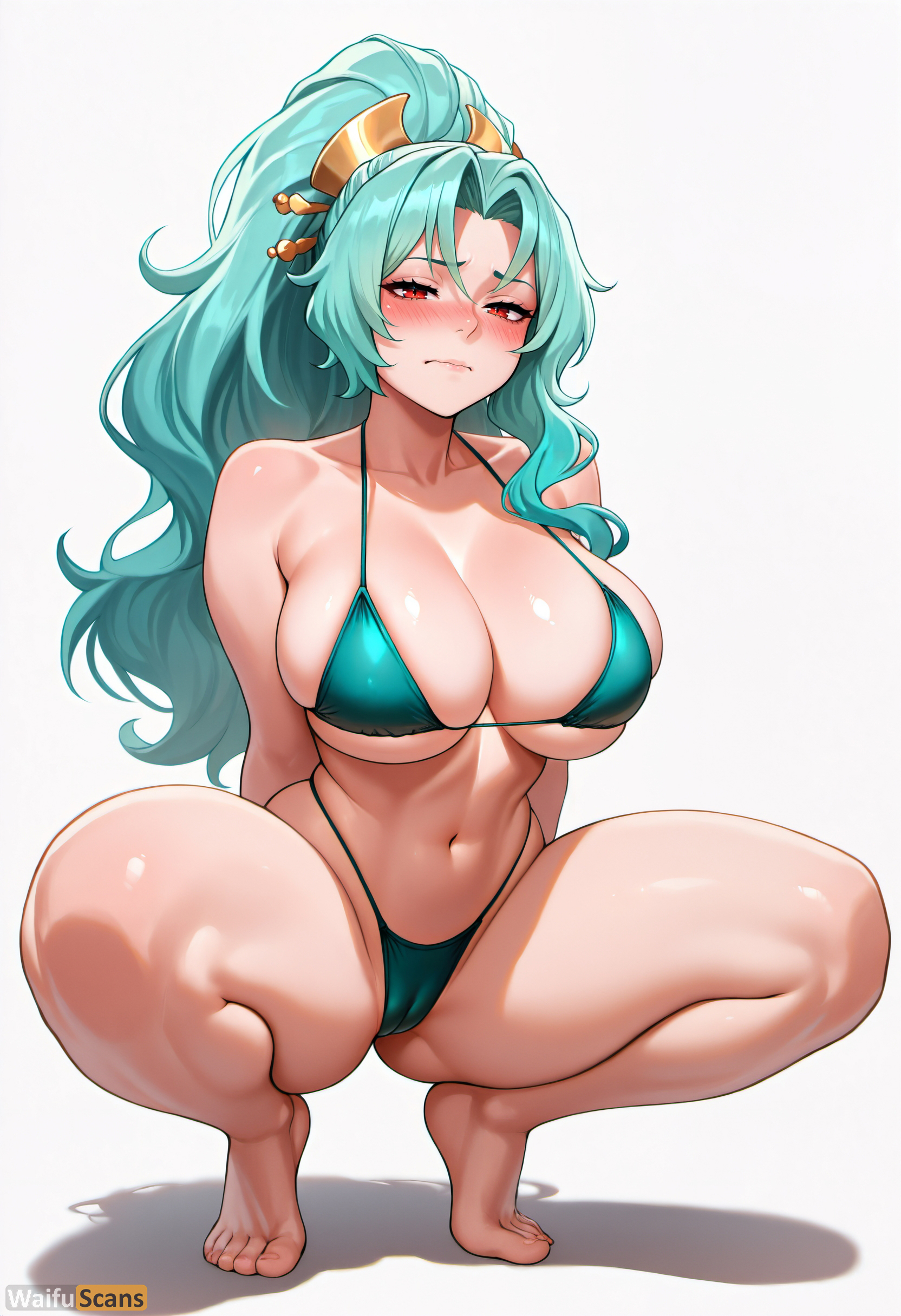 ai generated, artist name, bangs, bare shoulders, barefoot, bikini, blush, breasts, cameltoe, cleavage, closed mouth, collarbone, feet, female, full body, green bikini, green hair, hair ornament, high resolution, highleg, highleg bikini, highres, huge breasts, large breasts, long hair, looking at viewer, navel, parted bangs, ponytail, pussy, red eyes, simple background, skindentation, solo, spread legs, squatting, stable diffusion, swimsuit, thick thighs, thighs, tiptoes, toes, tomoe (tsuki ga michibiku isekai douchuu), tsuki ga michibiku isekai douchuu, waifuscans418, white background
