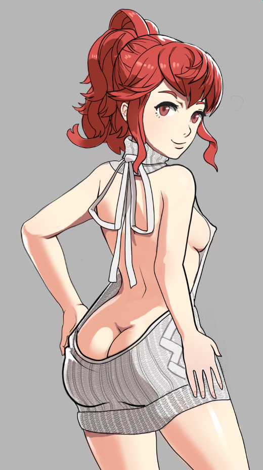 anna (fire emblem fates), anna (fire emblem), ass, ass cleavage, ass crack, back, backless outfit, bangs, bare back, bare shoulders, breasts, butt crack, cowboy shot, dress, female, fire emblem, fire emblem fates, from behind, grey background, grey dress, hands on hips, looking at viewer, matching hair/eyes, meme, naked sweater, nintendo, no bra, no panties, no underwear, open-back dress, ponytail, red eyes, red hair, ribbed sweater, sideboob, simple background, smile, solo, sunbeam (artist), sweater, sweater dress, tied hair, turtleneck, virgin killer sweater