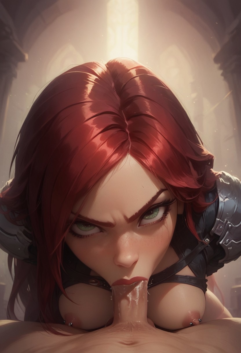 ai generated, angry, armbinder, arms behind back, blowjob, bondage, bound, captured, captured heroine, defeated, defeated heroine, female, forced oral, functionally nude, green eyes, katarina du couteau, league of legends, male, oral, penis, pov, rape, red hair, slave, slave girl