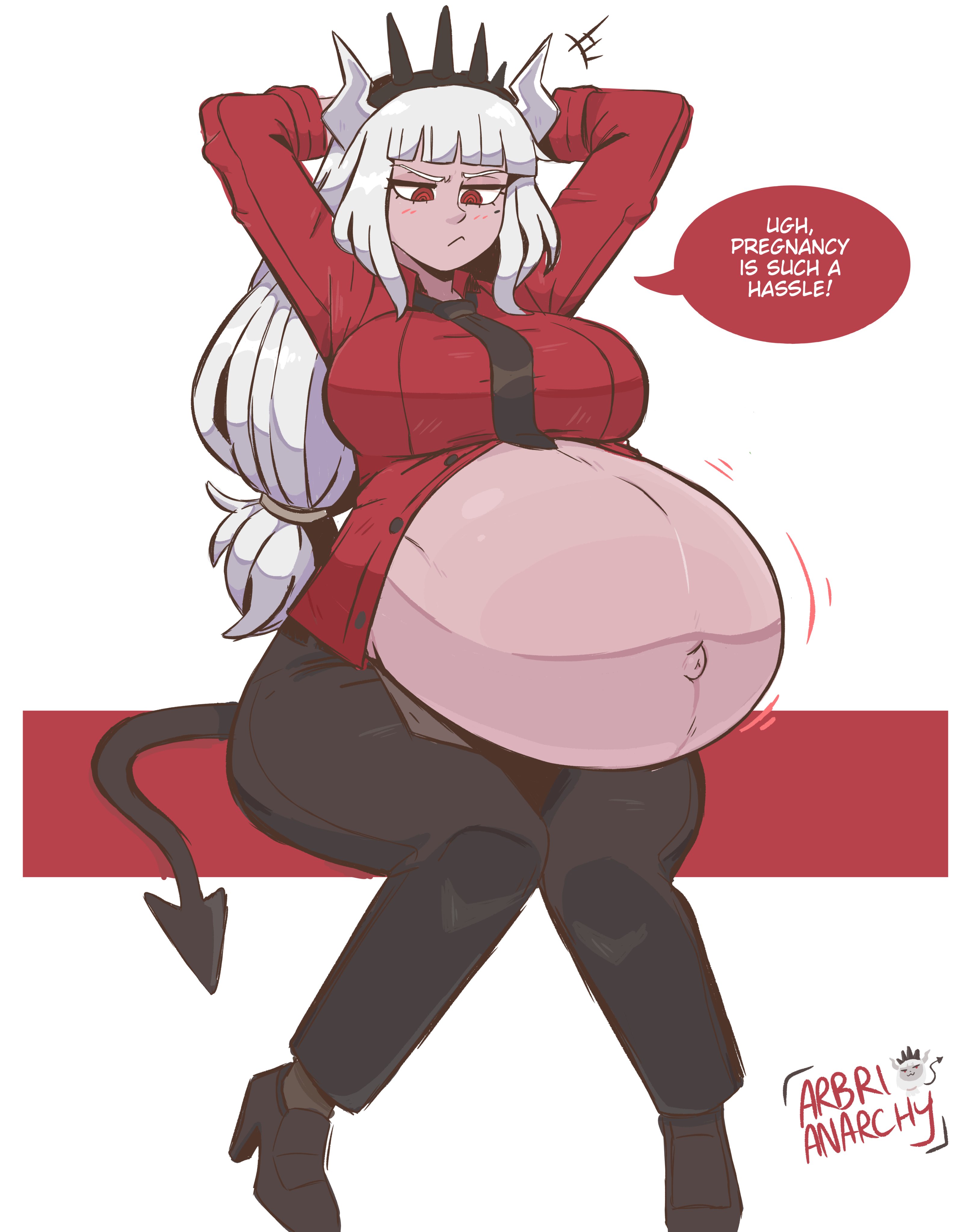 arbrianarchy, english dialogue, english text, female, helltaker, lucifer (helltaker), pregnant, pregnant female, super belly