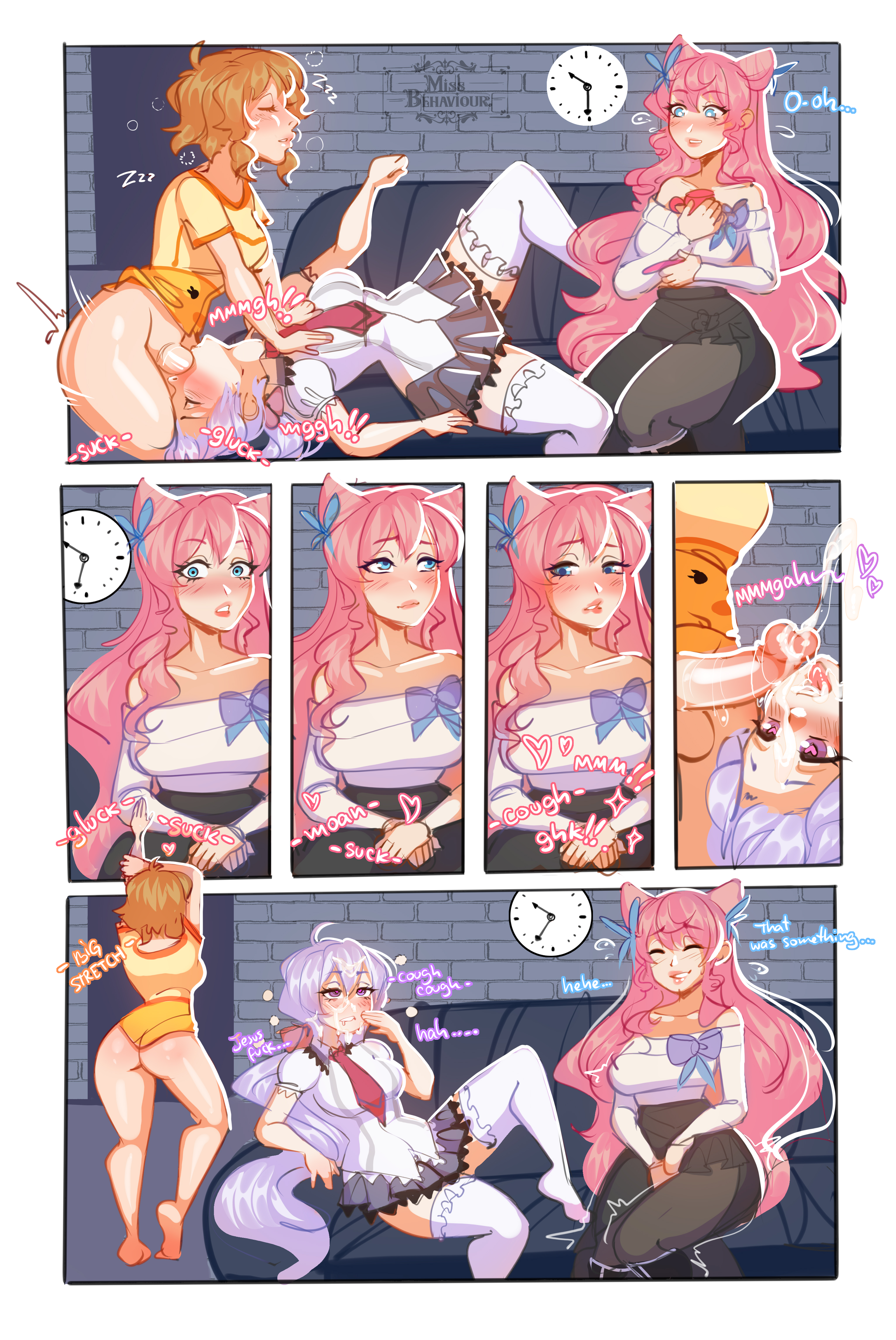 1futa, 2girls, 6koma, after fellatio, bare shoulders, breasts, clock, closed eyes, clothed, clothing, cock shock, comic page, couch, cum on face, dialogue, fellatio, female, fully clothed, futa on female, futanari, hand between legs, head back, held down, intersex, irrumatio, large breasts, long hair, maria cadenzavna eve, missbehaviour, necktie, pajamas, penis, pink hair, red necktie, red tie, school uniform, senki zesshou symphogear, skirt, tachibana hibiki (symphogear), thighhighs, tie, voyeur, watching, white hair, white thighhighs, yawn, yukine chris