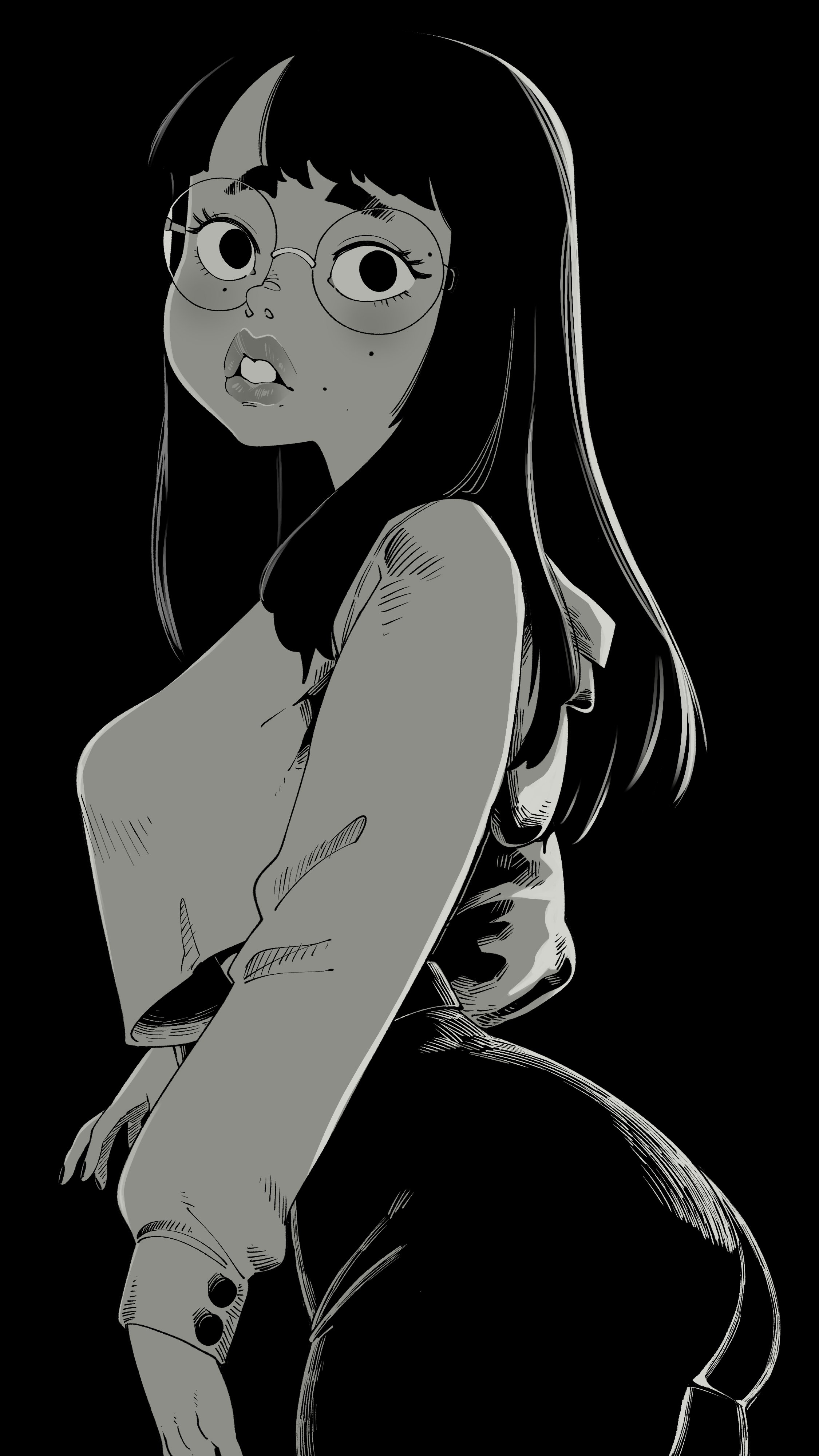 1girls, adorable, adorable face, asian, asian female, ass, bangs, black background, black eyes, black hair, blunt bangs, breasts, brown eyes, buckteeth, clothing, eyewear, female, female only, freckles, freckles on face, glasses, lips, long hair, long sleeves, looking at viewer, nuclearwasabi, original, original character, overbite, rimless eyewear, shirt, solo, solo female, straight hair, tang tang, tight clothing, tight pants, white shirt