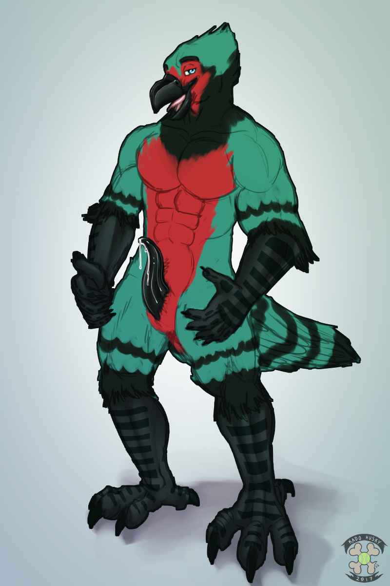 2017 4_toes 5_fingers abs anthro avian beak biceps biped bird black_beak black_claws black_feathers black_penis black_tail blue_eyes claws erection eyebrows feathers front_view full-length_portrait green_feathers green_tail grey_background hi_res kadohusky looking_at_viewer male male_only multicolored_feathers multicolored_tail muscular muscular_male nude open_mouth pecs penis pink_tongue portrait precum red_feathers simple_background solo standing talons tapering_penis toe_claws toes tongue two_tone_tail watermark