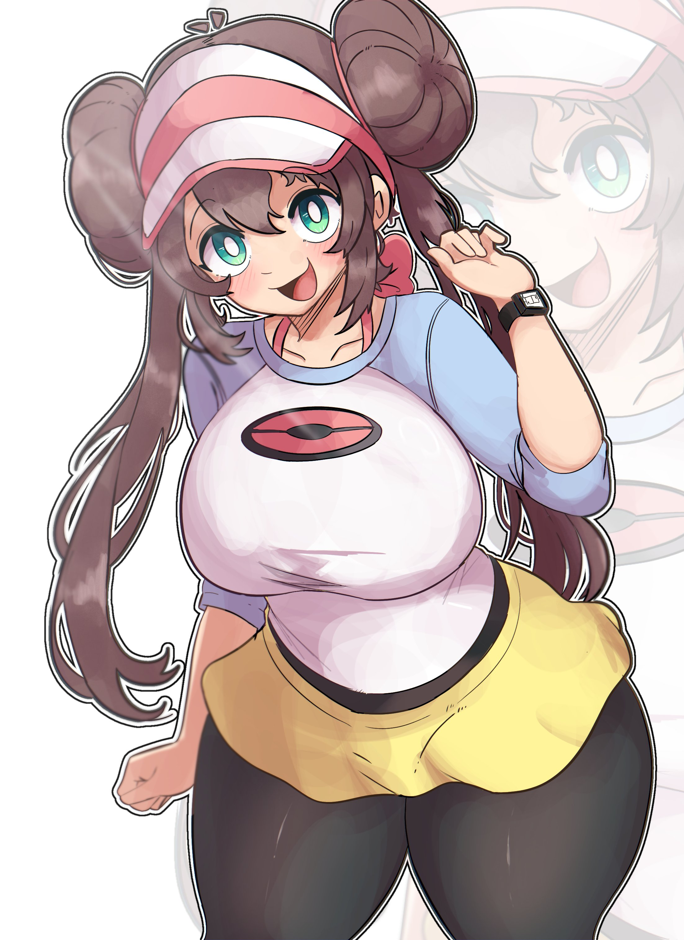big breasts, blush, breasts, busty, female, huge breasts, large breasts, light skin, light-skinned female, pokemon, pokemon bw2, raglan sleeves, rosa (pokemon), ship master, shirt, smile, thick thighs, twin buns, twintails, wide hips