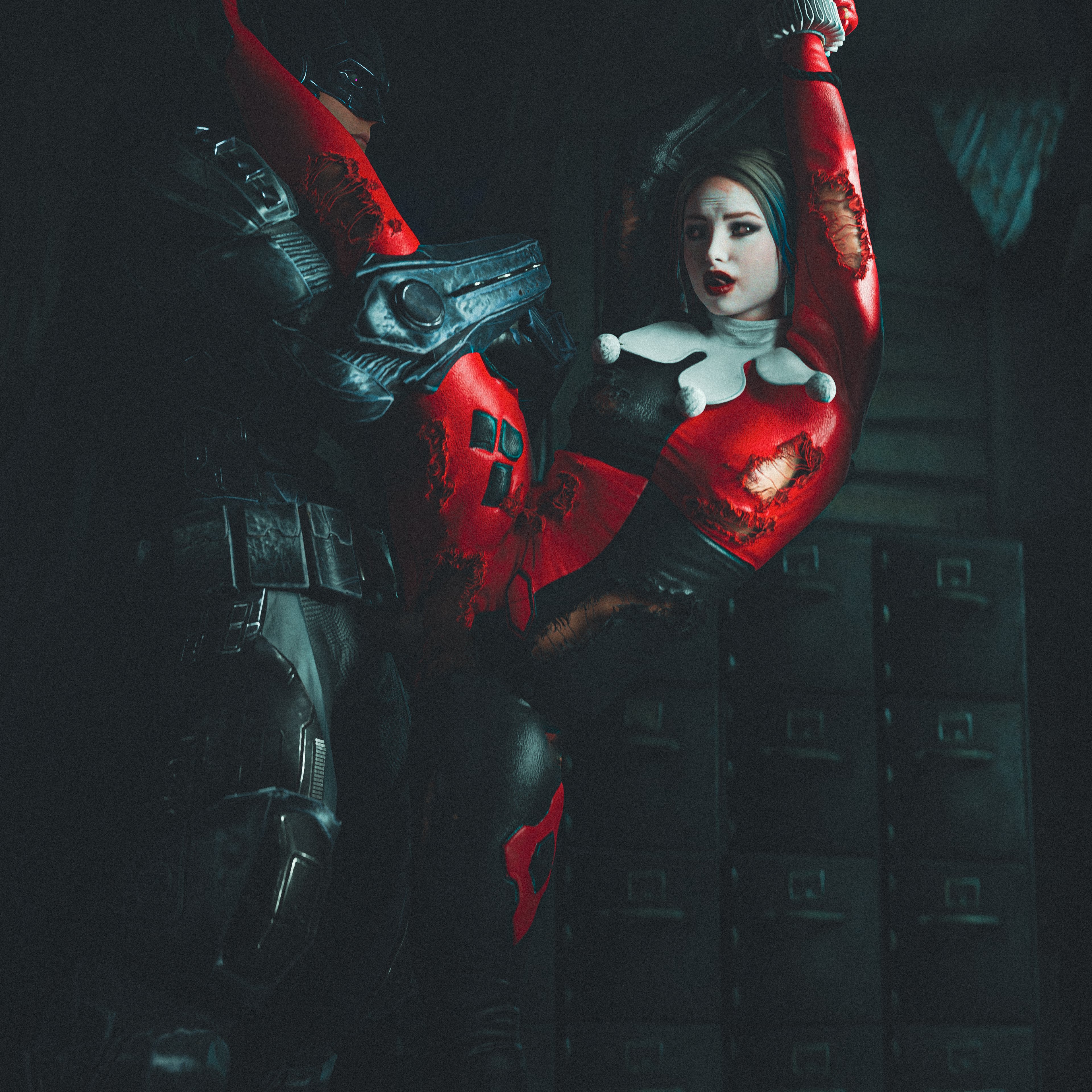 1boy, 1girls, 3d, batman, batman (bruce wayne), batman (series), blonde hair, bondage, bruce wayne, captured, dc, dc comics, enemies, enemies with benefits, female, harley quinn, harley quinn (arkham), harley quinn (classic), harley quinn (suicide squad game), male, project vega, red lipstick, ripped clothing, standing sex, suicide squad, suicide squad: kill the justice league, tied up, white facepaint