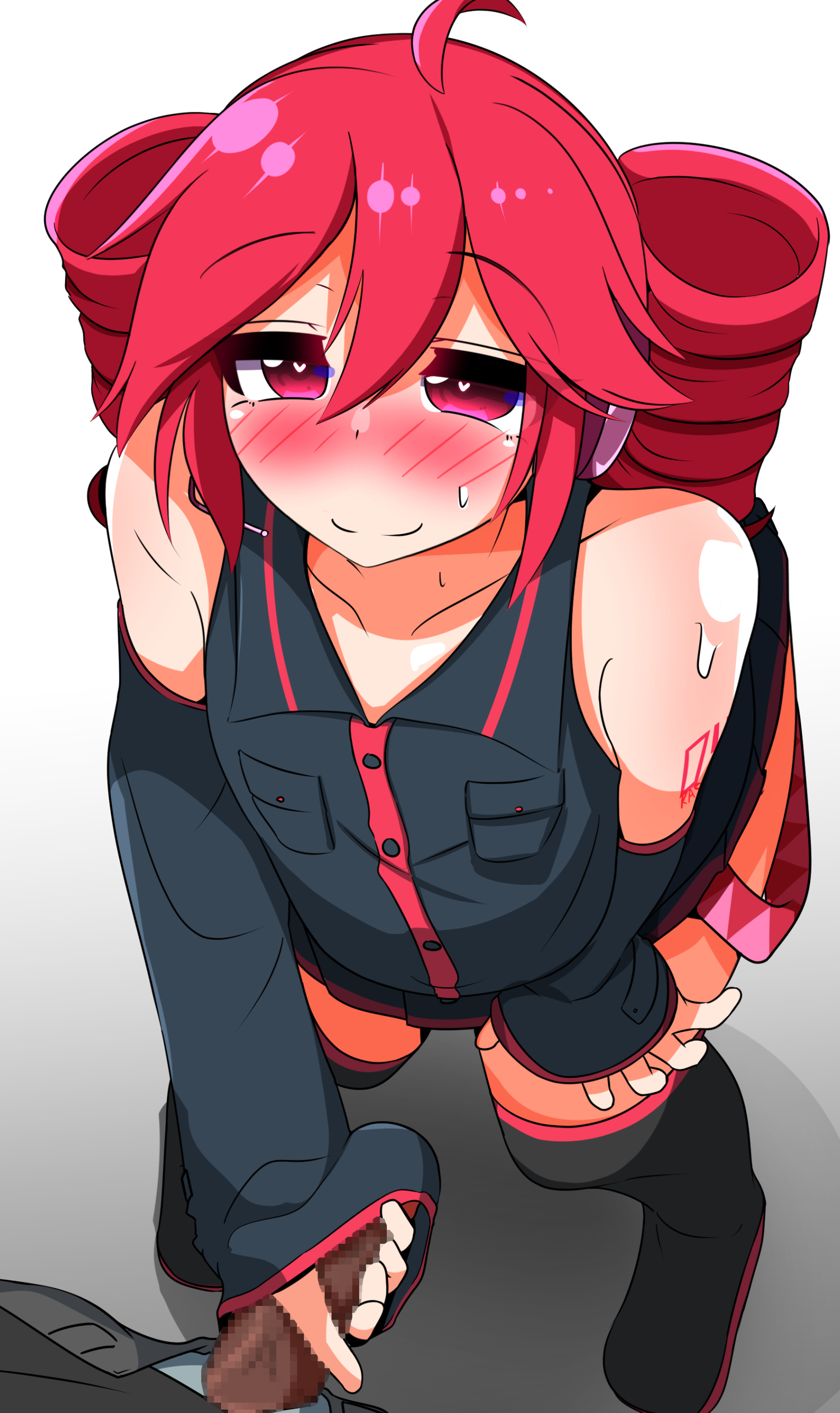1boy, 1girls, 2d, 2d (artwork), ahoge, blush, blush lines, clothed, clothed female, clothing, detached sleeves, female, fully clothed, hand on thigh, handjob, heart, hearts around head, horny, horny female, japanese text, kasane teto, looking at viewer, looking up, looking up at viewer, maggi (afmagii), magujiyai, male, male pov, red eyes, red hair, standing, standing masturbation, straight, sweat, sweating, text, thighhighs, thighs, twin drills, utau, white background