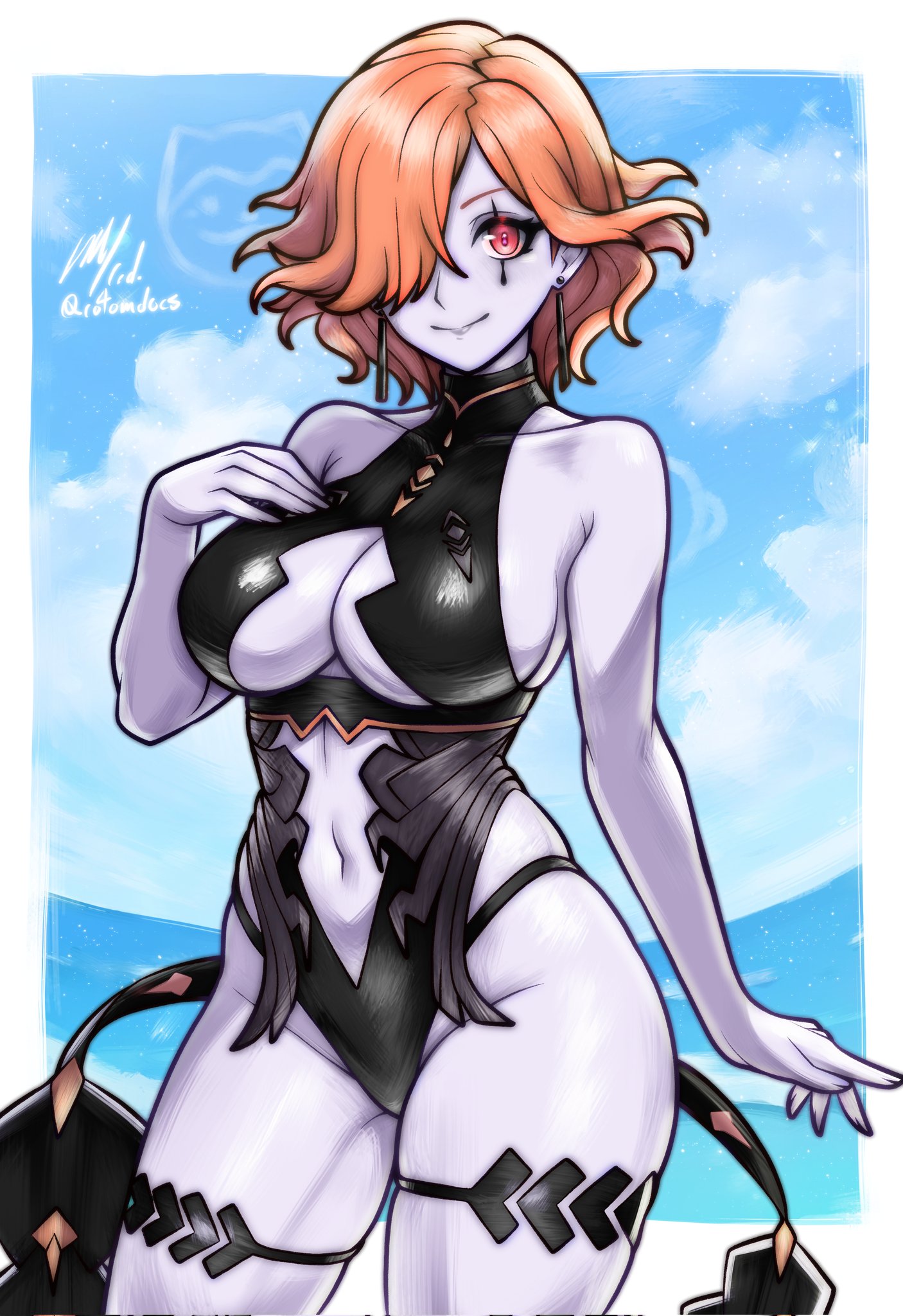 1girls, beach, breasts, female, fire emblem, fire emblem: three houses, hair over one eye, kronya (fire emblem), large breasts, light skin, light-skinned female, looking at viewer, nintendo, orange hair, outdoors, pale skin, pale-skinned female, red eyes, rotomdocs, short hair, strawberry blonde hair, thick thighs, thighs