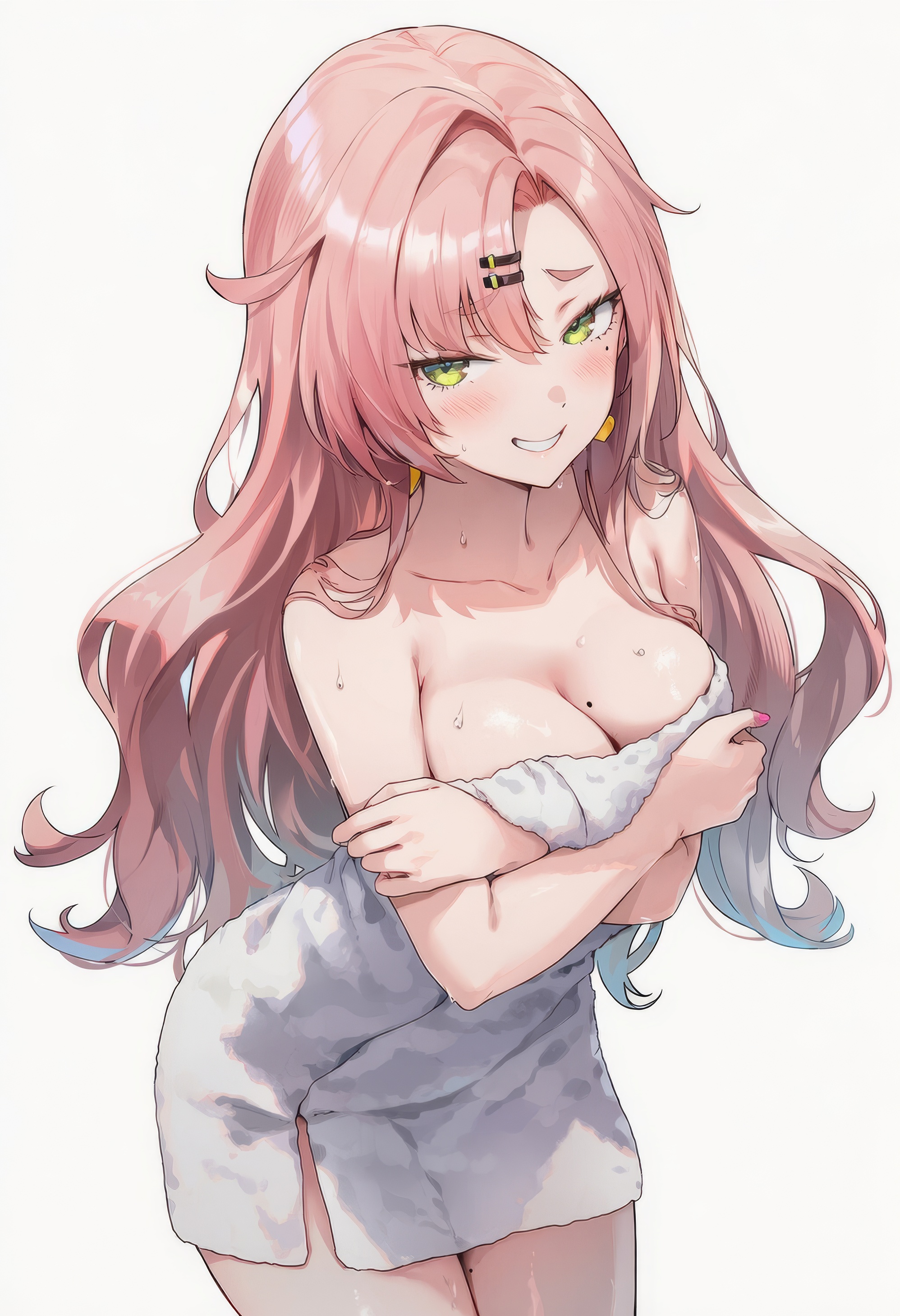 1girls, ai generated, embarrassed female, female, female only, green eyes, nicole demara, pink hair, raaicave, smiling, towel only, white background, zenless zone zero