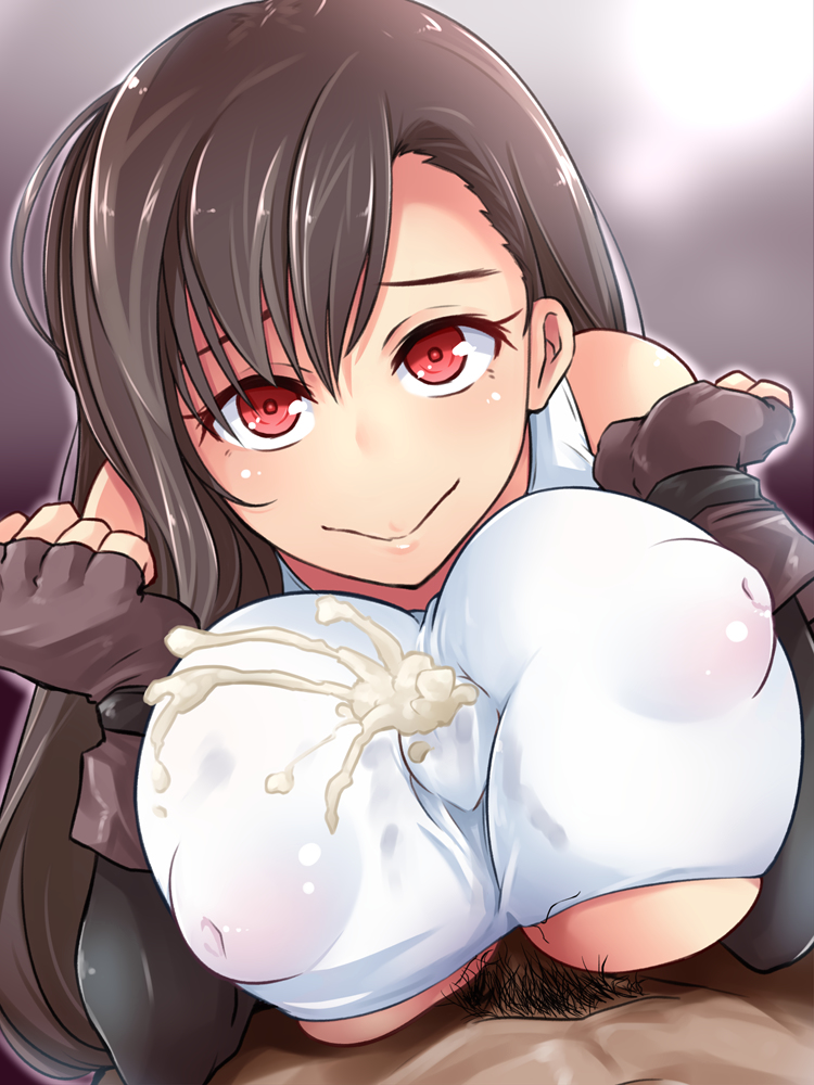 1boy, 1girls, alternate breast size, areolae, big breasts, breasts, brown hair, color, cum, cum between breasts, cum through clothes, cumshot, ejaculation, ejaculation between breasts, erect nipples, erect nipples under clothes, erection, female, final fantasy, final fantasy vii, hanami senkawa, happy, happy paizuri, happy sex, huge breasts, large breasts, looking at viewer, male, nipples, paizuri, paizuri under clothes, penis, pov, red eyes, straight, tifa lockhart