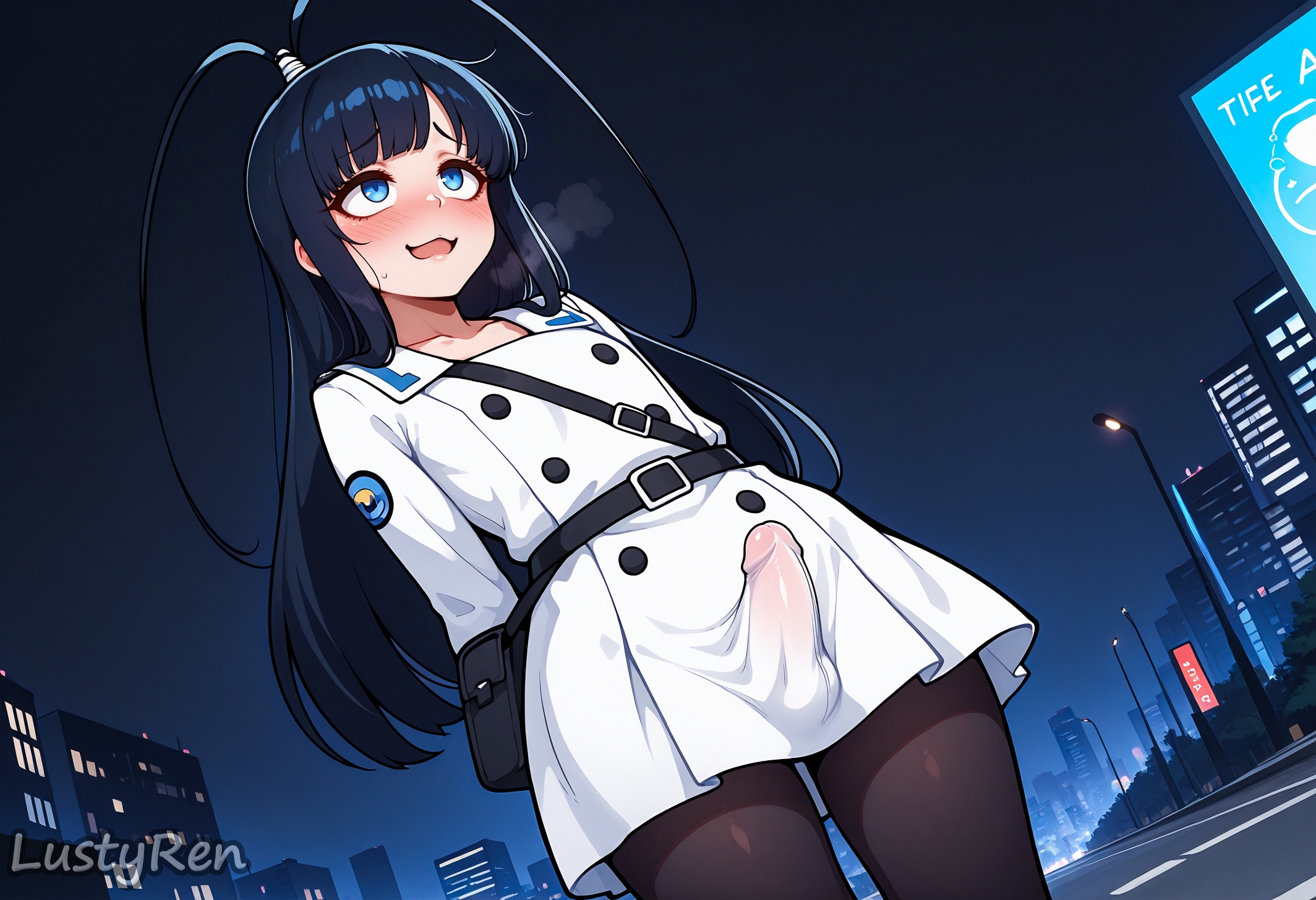 1boy, ahoge, ai generated, antenna hair, arms behind back, bag, bangs, belt, black hair, black pantyhose, bleach, blue eyes, blue hair, blush, building, bulge, city, erection, erection under clothes, femboy, giselle gewelle, long hair, long sleeves, lustyren, male, male focus, male only, night, open mouth, otoko no ko, outdoors, pantyhose, penis, smile, solo