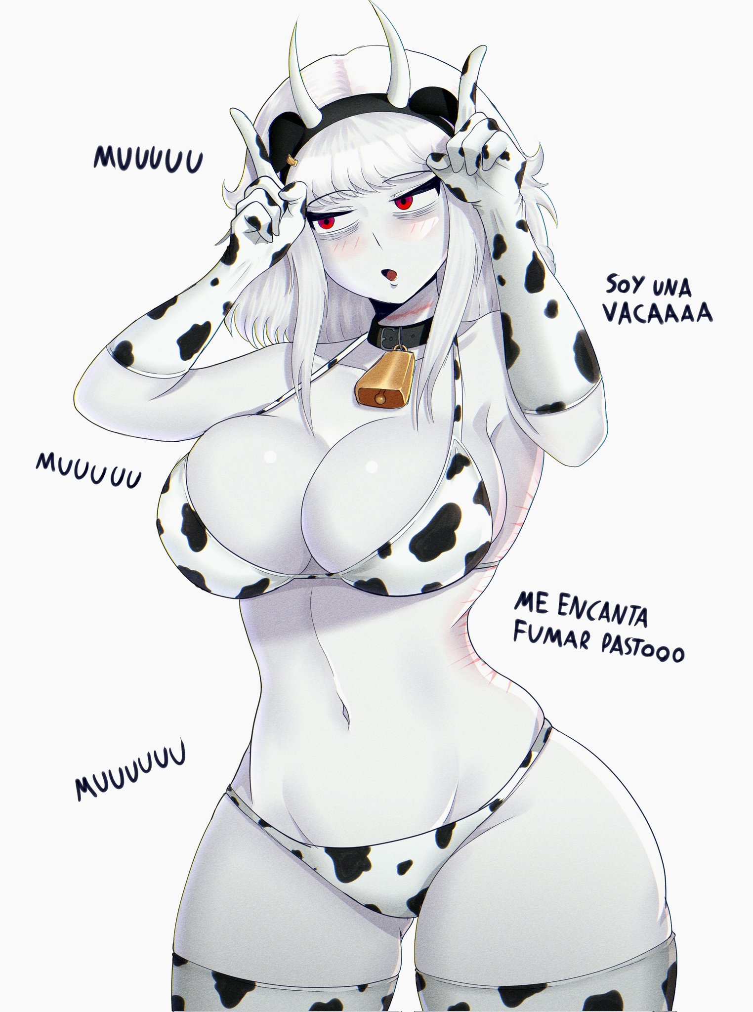 1girls, albina (tidal), albino, big breasts, bikini, breasts, cow bikini, cow ears, female, female only, latina, light skin, light-skinned female, red-eyed female, short-haired female, spanish text, text, tidal (artist), translation check