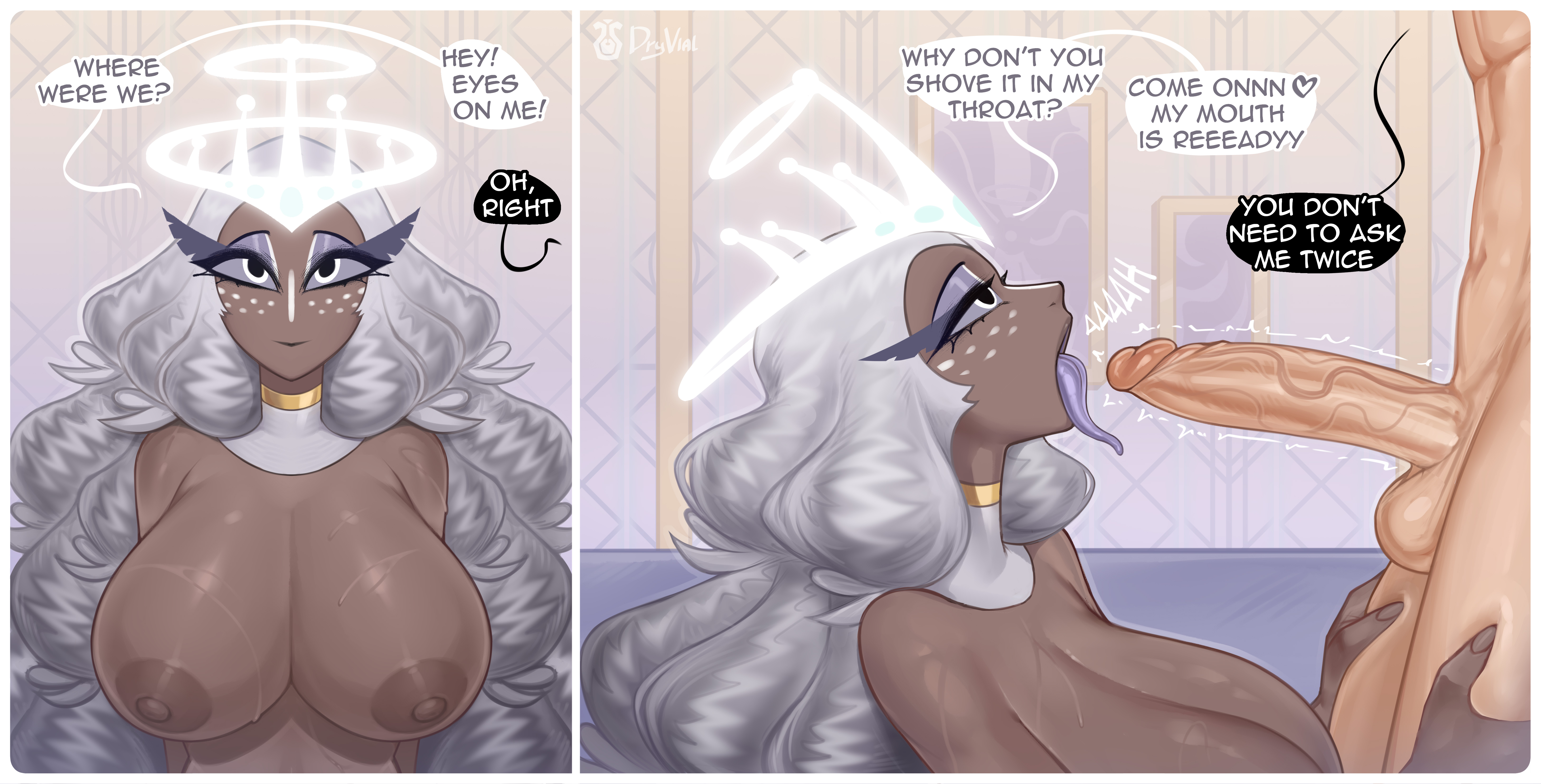 1boy, 1girls, 2025, 2d, absurd res, angel, angel humanoid, big breasts, big penis, black lipstick, breasts, clothing, collar, collar only, dark body, dialogue, dryvial, embarrassed, english text, eyelashes, female, femsub, freckles, genitals, group, hair, hazbin hotel, hi res, hug, huge breasts, human, human dominating, human dominating humanoid, humanoid, inminent sex, inminent sucking, legwear, legwear only, male, male/female, maledom, mammal, mostly nude, nude, oral, partial male, penis, purple tongue, sera (hazbin hotel), smile, speech bubble, stockings, stockings only, tagme, text, trio, vein, veins, veiny penis, wants to be dominated, white hair