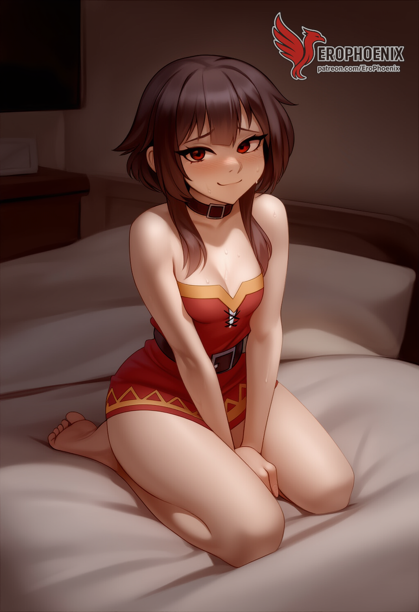 1girls 2d ai_generated ass back bare_shoulders barefoot big_ass bra brown_hair collar erophoenix female female_focus full_body kono_subarashii_sekai_ni_shukufuku_wo long_hair looking_at_viewer megumin pale_skin pale_skinned_female panties patreon_username red_eyes short_hair sitting small_breasts smile soles solo thick thick_thighs uncensored underwear