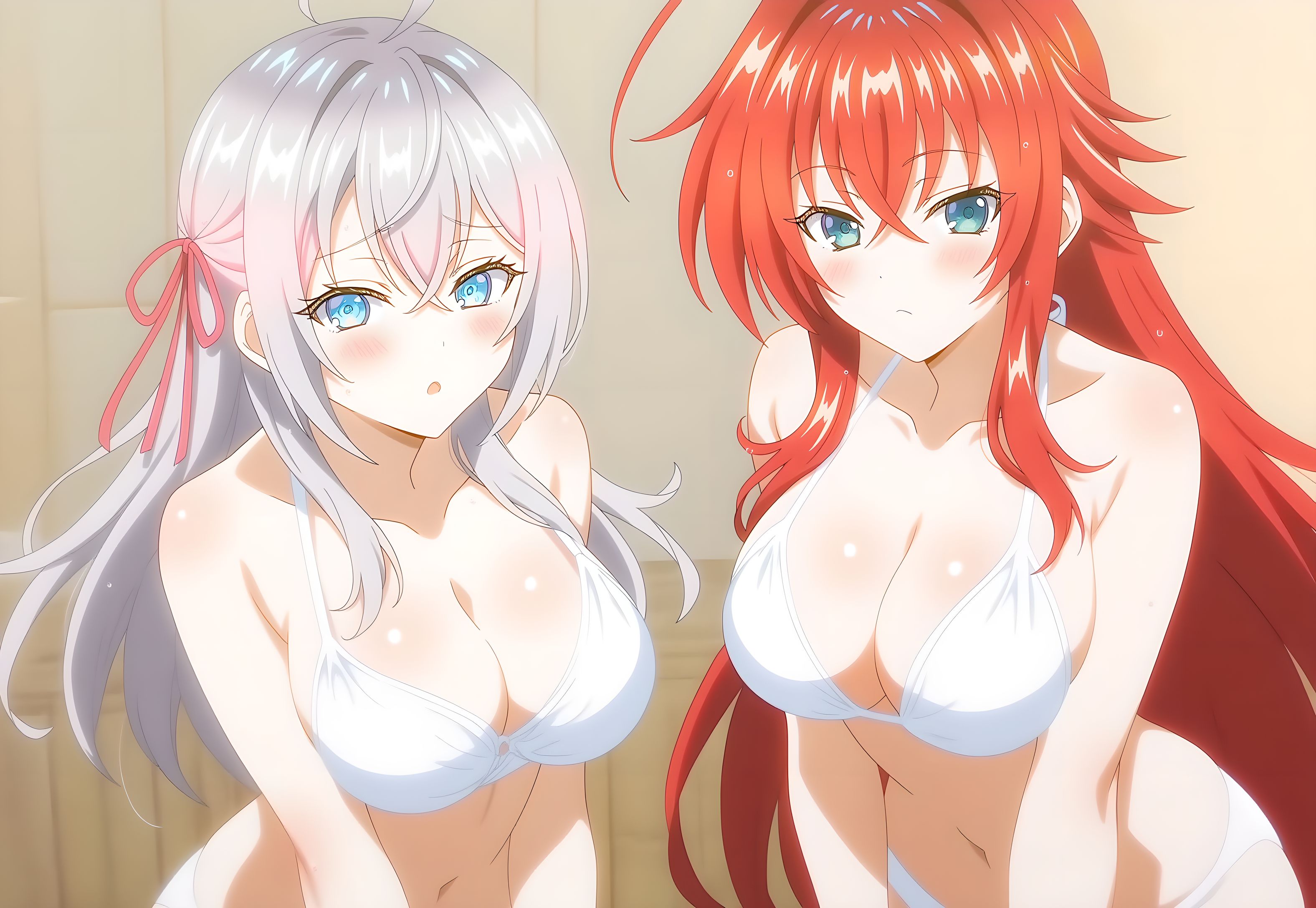 2girls, ahoge, ai generated, alisa mikhailovna kujou, big ass, big breasts, bikini, blue eyes, blush, breasts, crimson-haired female, crossed bangs, crossover, curvy, curvy female, demon, demon girl, female, female only, hair ribbon, high school dxd, hourglass figured female, huge ahoge, interspecies, light skin, light-skinned female, long-haired female, loose hair, lovehuwu, red ribbon, rias gremory, sauna, silver-haired female, sky blue eyes, steam, tokidoki bosotto russian de dereru tonari no alya-san, very long-haired female, voluptuous female, white bikini, wide hipped female, yuri