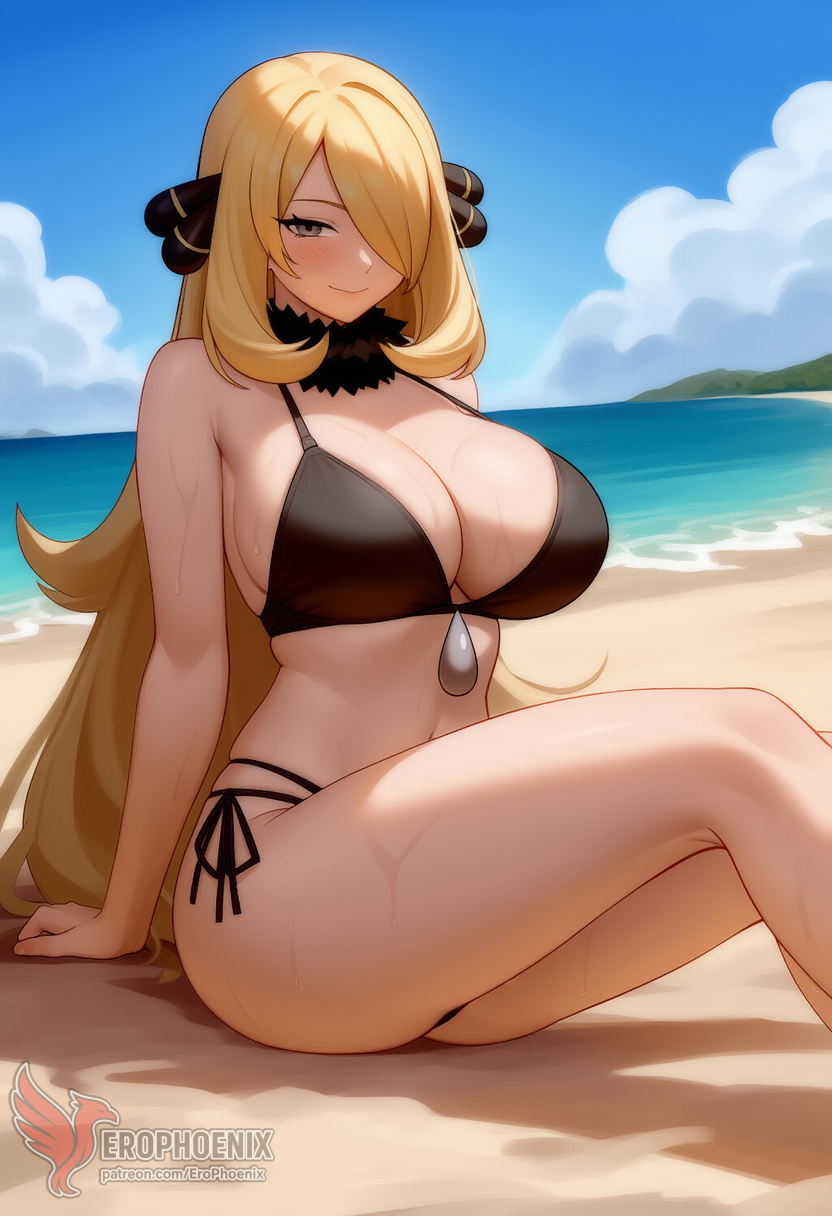 1girls 2d ai_generated ass barefeet beach big_ass big_breasts bikini blonde_hair breasts cynthia_(pokemon) erophoenix feet female female_focus full_body long_hair looking_at_viewer looking_back milf nintendo nude older_woman pale_skinned_female patreon_username pokemon pokemon_dppt smile soles solo solo_female sweat swimsuit thick thick_thighs toes uncensored voluptuous