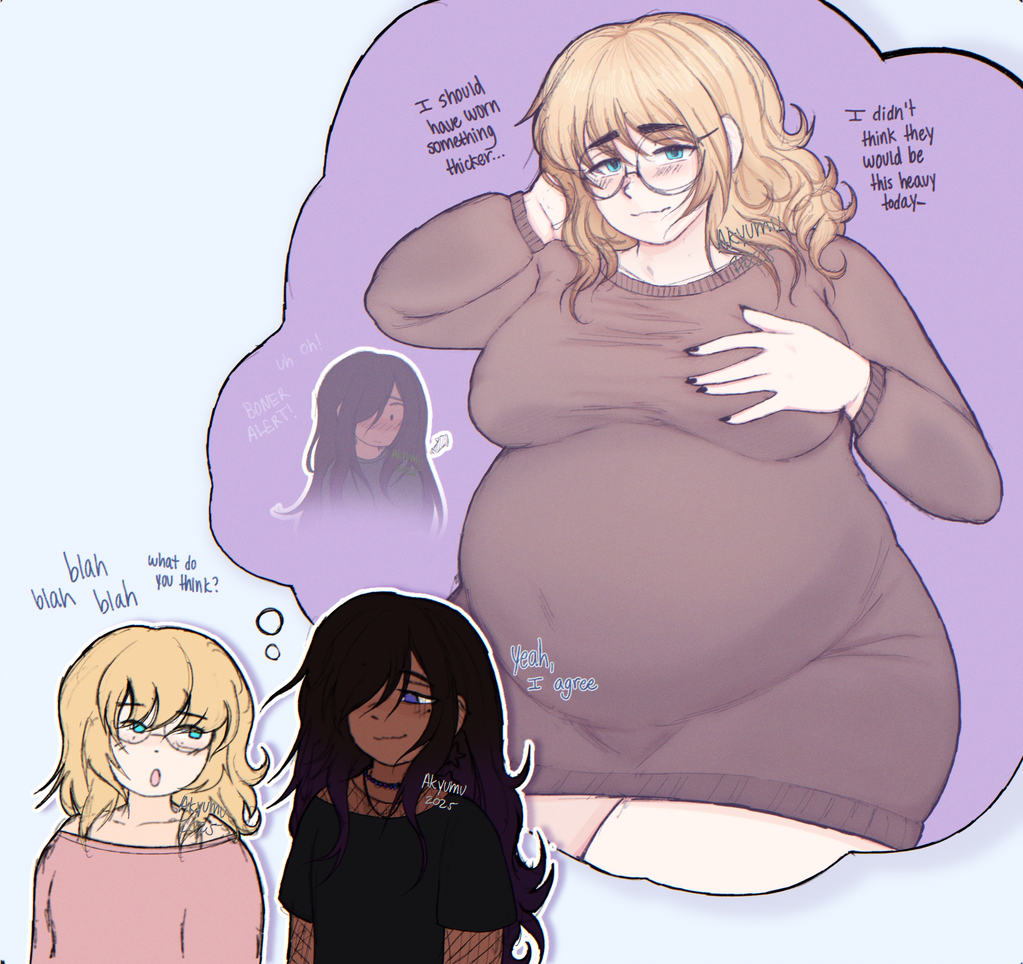 2boys, 2femboys, akyumu, big belly, blonde hair, blue eyes, blush, breasts, cas (akyumu), chubby, couple, dark skin, dark-, dark-skinned male, fantasizing, glasses, grabbing own breast, imagining, large breasts, light skin, light-skinned male, male, male pregnancy, maternity clothes, maternity dress, milo (akyumu), pregnancy, pregnant, pregnant belly, pregnant male, shy, square irises, sweater dress