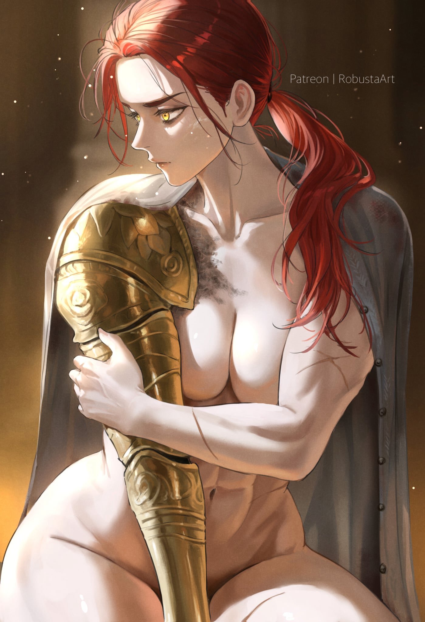 abs, artistic nude, convenient censoring, elden ring, female, fromsoftware, hourglass figure, millicent (elden ring), muscular, muscular female, naked, nude, nude female, ponytail, prosthetic arm, red hair, robustaart, wide hips