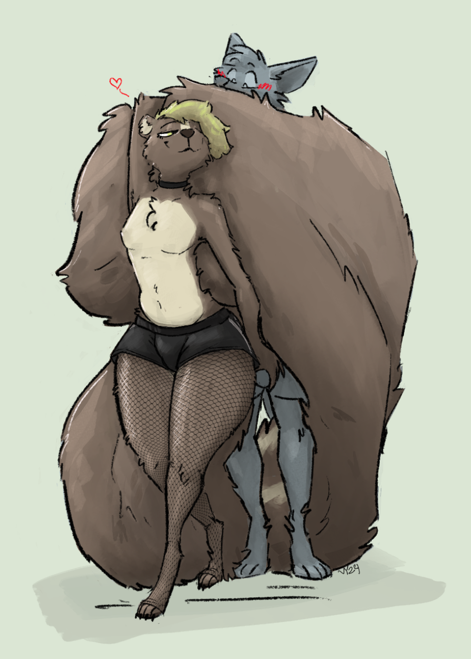 anthro big_tail blush blush_lines bottomwear brown_body brown_fur bulge clothing duo femboy fishnet_stockings flirting fur green_background grope groping_crotch heart_symbol hi_res huge_tail long_tail looking_back male male/male mammal mephitid seductive shorts simple_background skunk tail tail_around_partner tan_body tan_fur thick_thighs vanilla_(vanillayote) vanillayote wide_hips