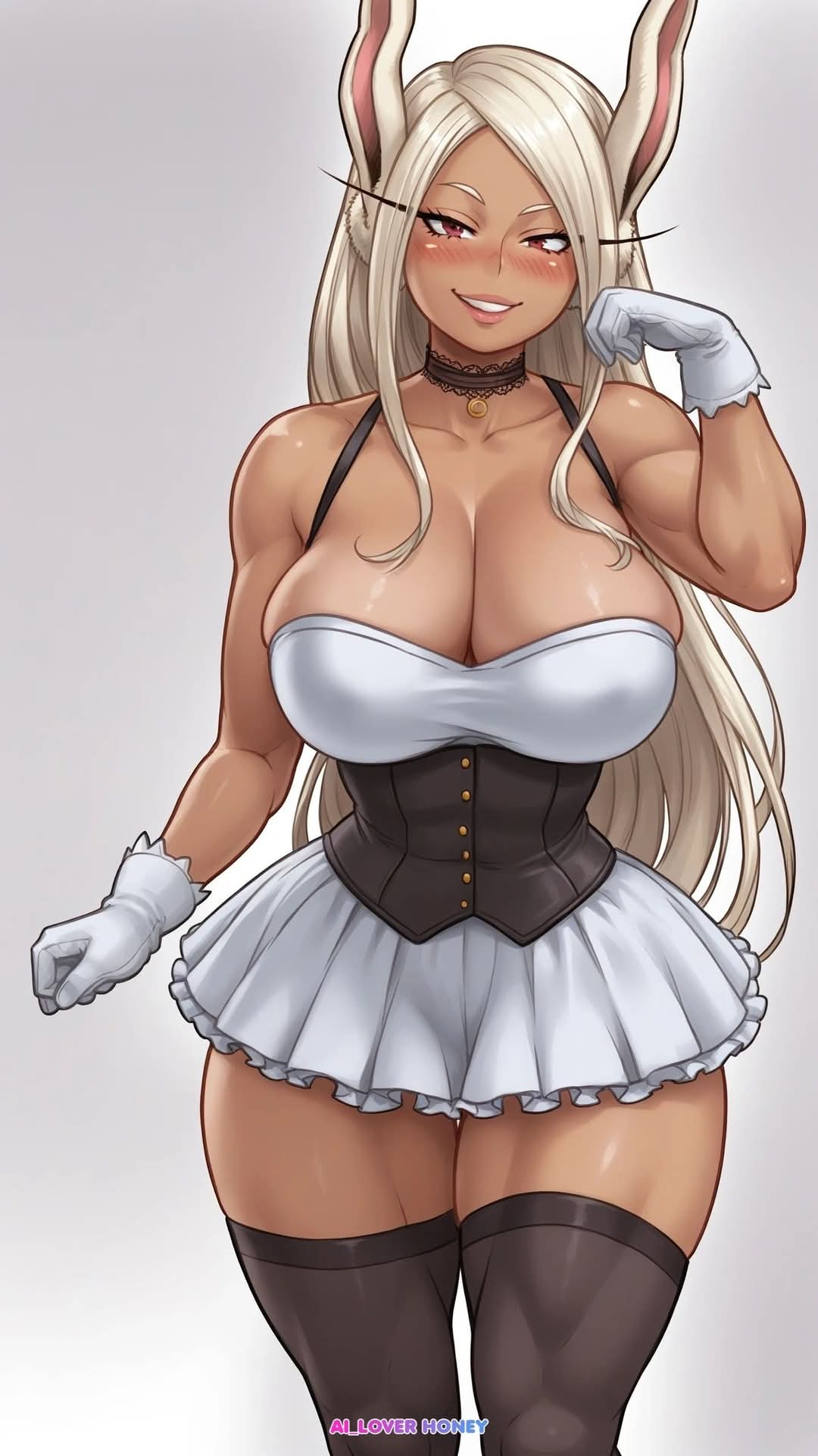 1girls, ai generated, ai loverhoney, athletic female, big breasts, boku no hero academia, breasts, brown skin, brown skinned female, bunny ears, bunny girl, cleavage, corset, curvaceous, curvy female, female, female only, gloves, large breasts, looking at viewer, miruko, muscular, muscular arms, muscular female, my hero academia, red eyes, rumi usagiyama, stockings, thick, thick thighs, voluptuous, voluptuous female, white hair, wide hips