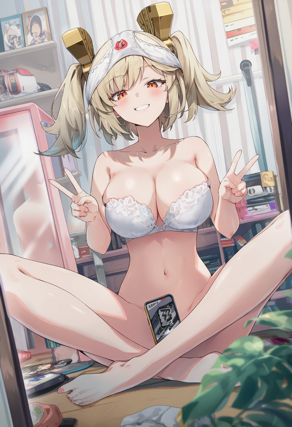 ai generated, big breasts, bottomless, bra, breasts, burnice white, feet, female, female only, mirror reflection, mirror selfie, panties on head, peace sign, raaicave, selfie pose, smiling, zenless zone zero