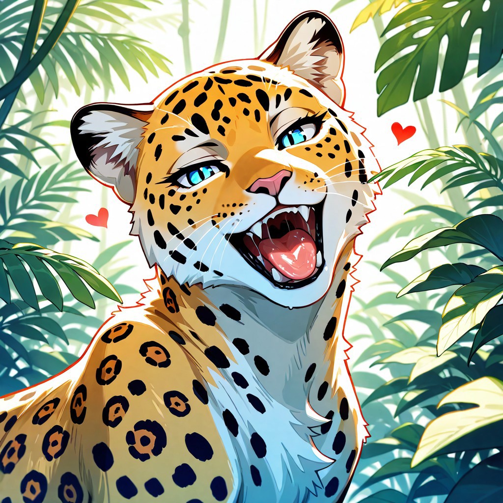 ai_generated black_lips blue_eyes cute fangs feline female heart_symbol jaguar open_mouth pink_nose plants saliva teeth tongue_out