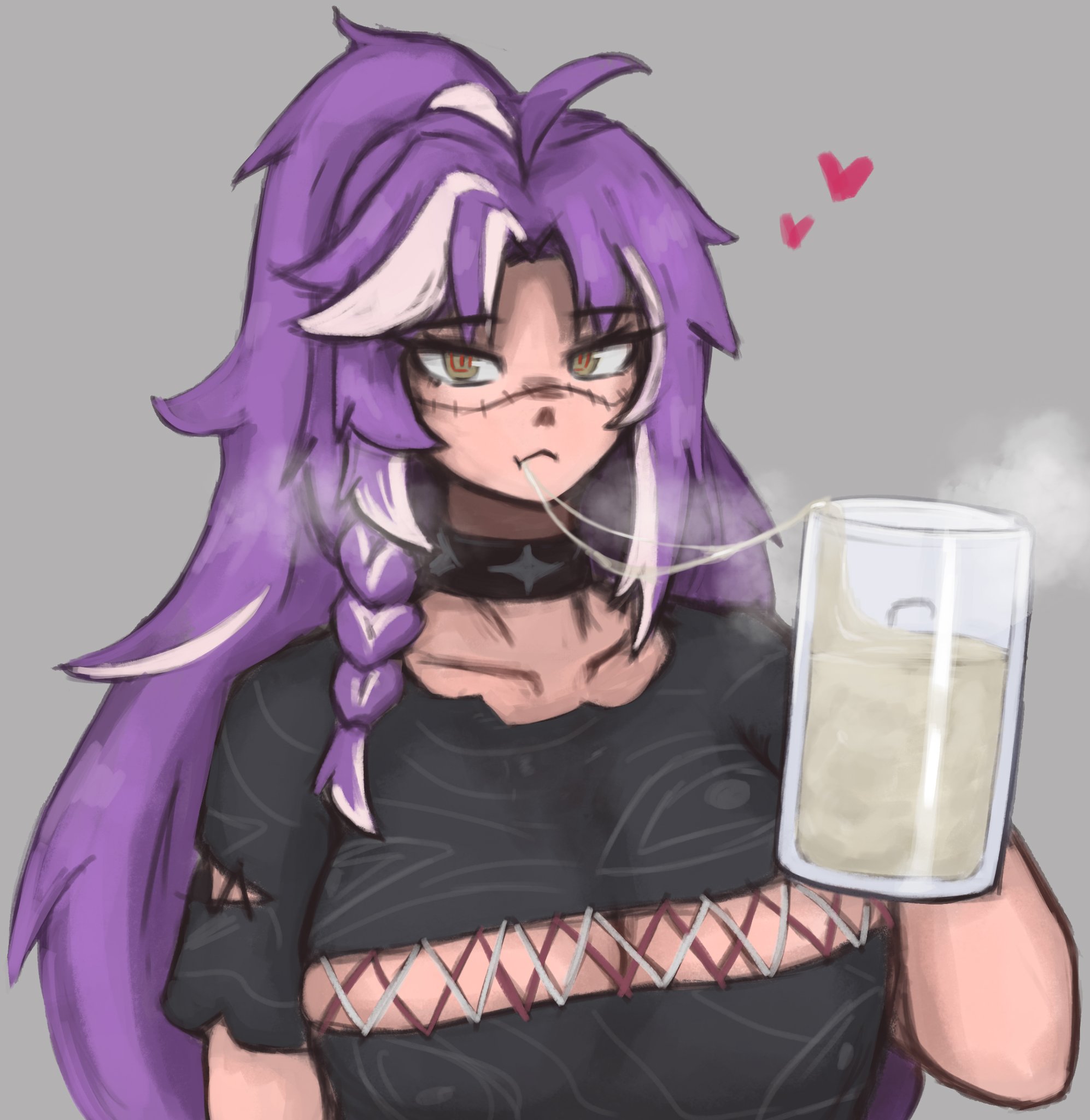 breasts, choker, cleavage, cleavage cutout, cum, cum in container, cum string, drinking cum, female, frostwallart, gokkun, huge breasts, long hair, michi mochievee, purple hair, ring eyes, steam, stitches, two-tone hair, undead, virtual youtuber, vshojo, white hair, yellow eyes